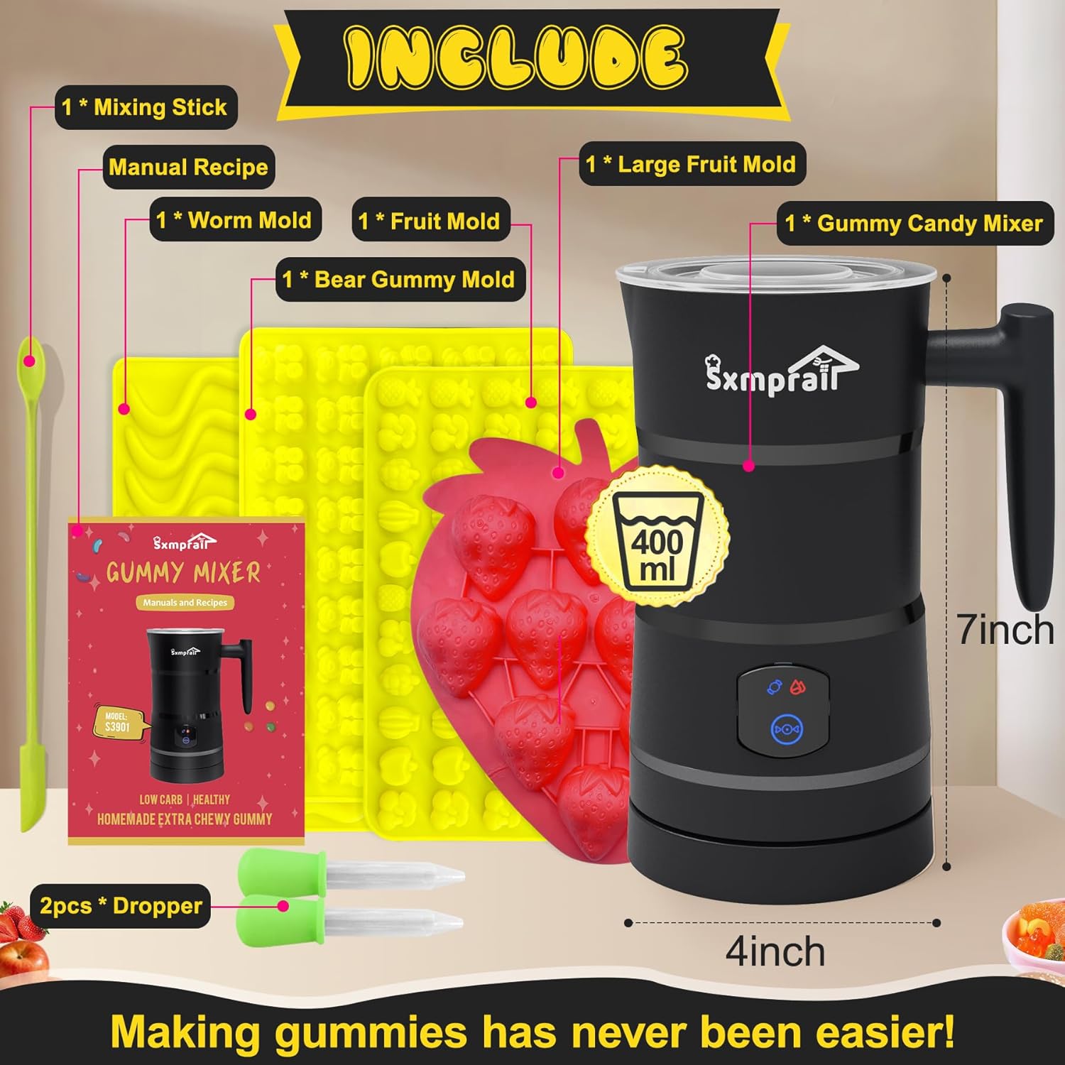 Gummy Maker Machine, Oil Infused Gummy Candy Maker, DIY Edible Gummy, Jelly & Pudding, Gummy Making Kit, Include Bear Mold, Fruit Mold, Worm Mold & Mixing Stick 5-Years Free Replacement (Black)