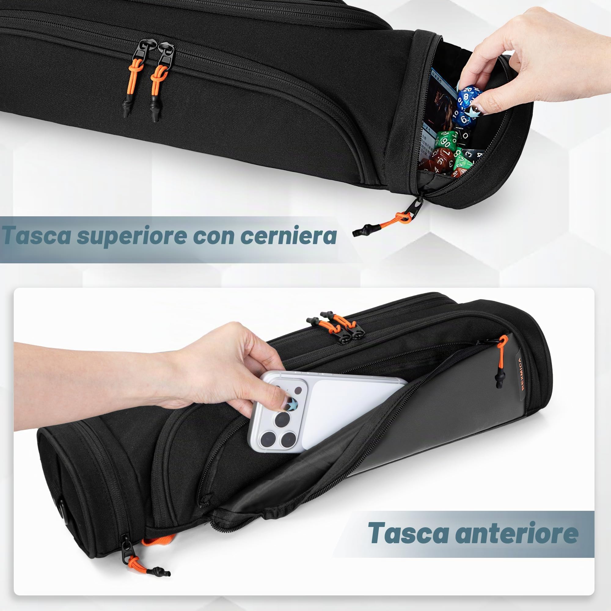 Rexmica Dual Borsa Portaoggetti per Tappetini da Gioco con Tracolla per 2 Tappetini da Gioco (35,5 x 61 cm), Custodia Tubolare per Tappetini da Gioco con Scomparto per Dadi per Gaming Playmat