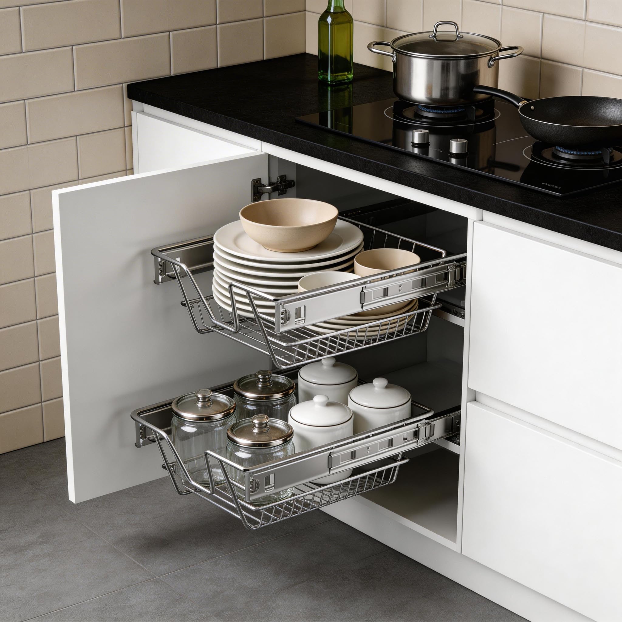 4er Küchenschublade für 40 cm Küchenschrank(Außen Breite),Mit Schienen Vollauszug Schublade,ideal als Schlafzimmerschublade,Schrank Organizer für Küche, Bad & Wohnzimmer -Silber