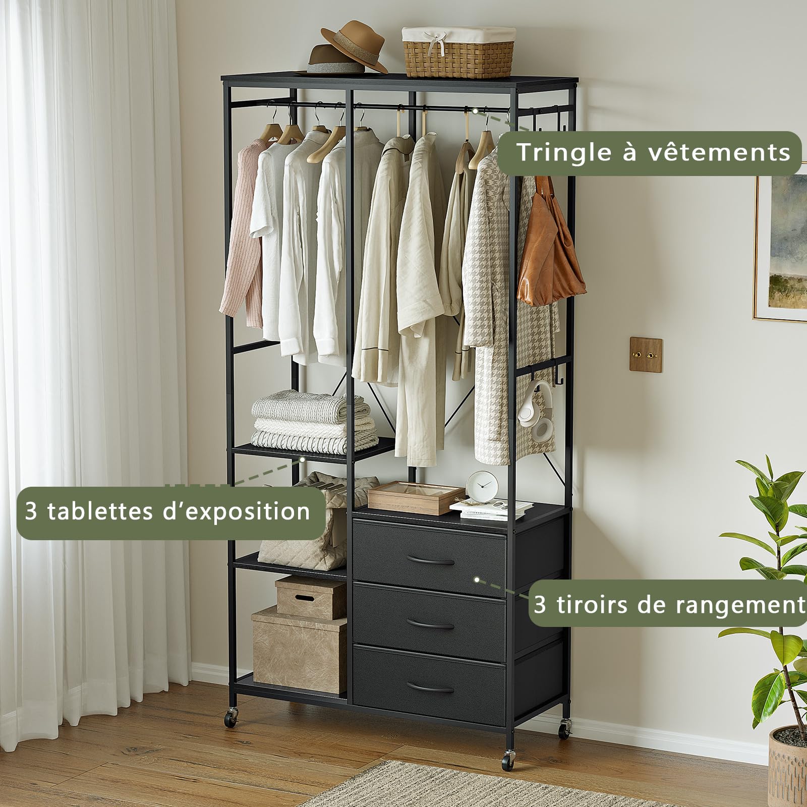 Appendiabiti con Cassetti, Stand Appendiabiti, Armadio Aperto, Guardaroba, Attaccapanni Moderno, Ripiani Regolabili, 4 Ganci, Nero