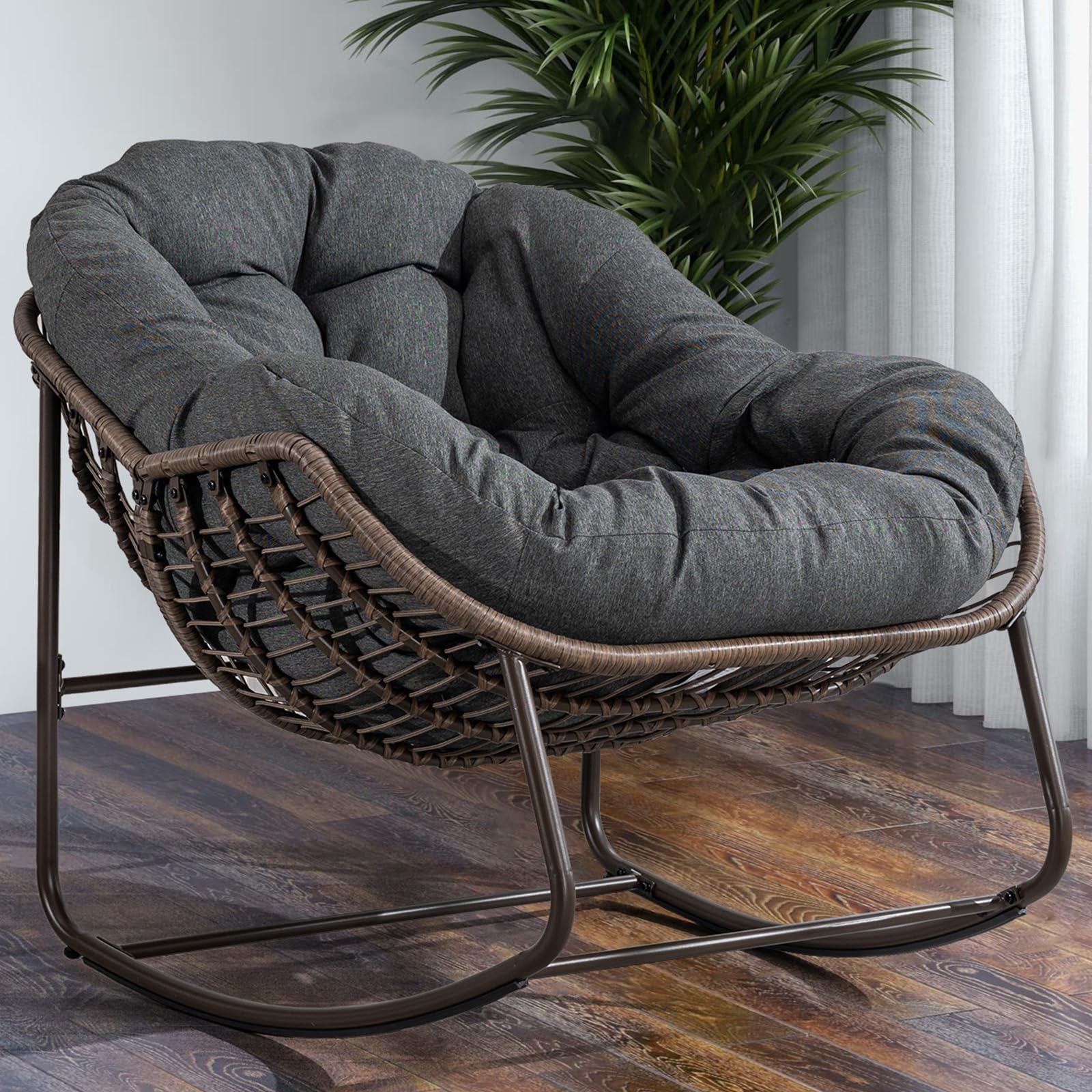Thctvous 37” Papasan Rocking Chair with Cushion and Steel Frame, Oversized Outdoor Egg Rocking Chair, Rattan Circle Chairs for Grand Patio and Garden