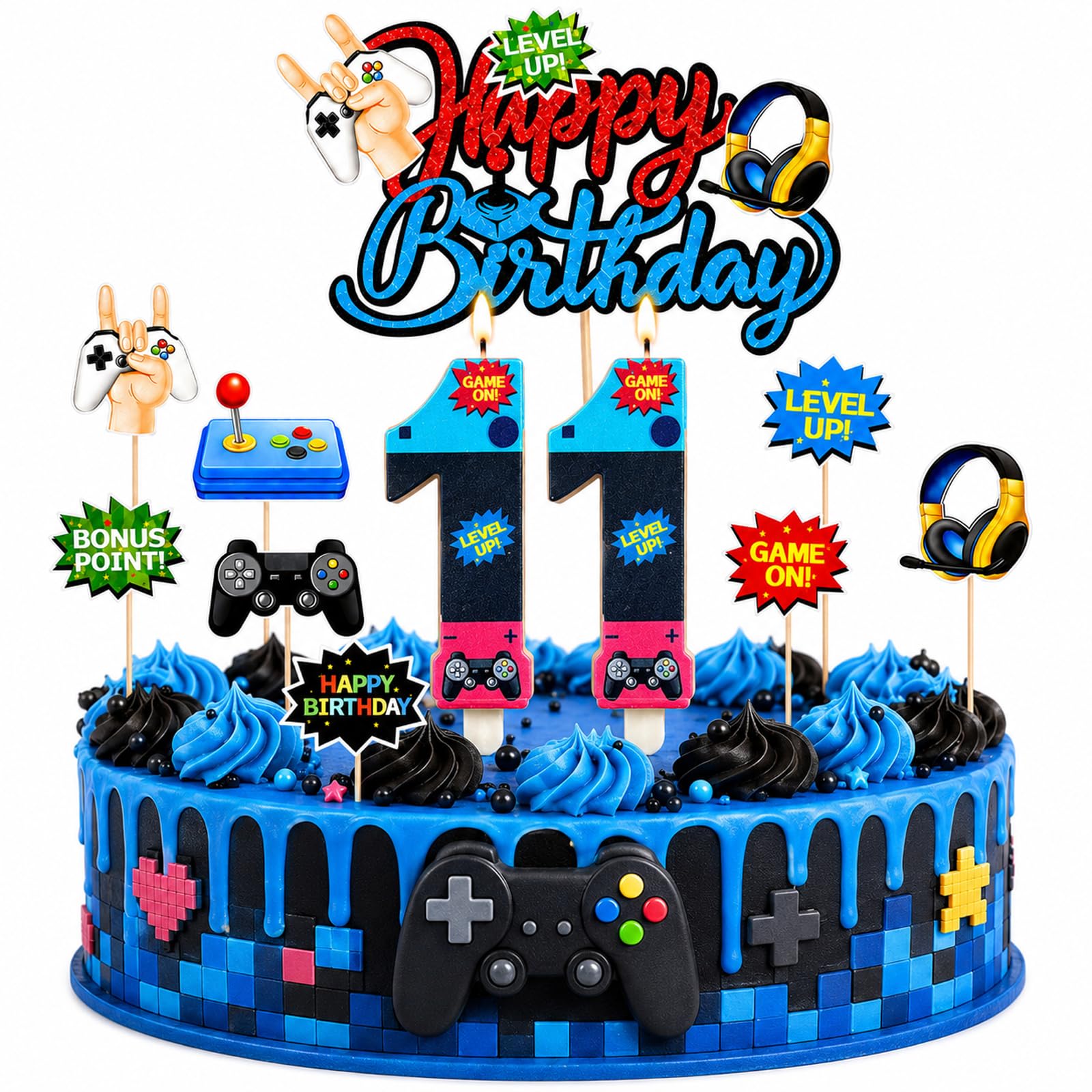 Bolosa 11th Birthday Cake Topper Gaming Cake Decorations, 11th Birthday Candles & Game Controller 11th Cake Toppers Set, Gamer 11th Birthday Party Decorations for Boys Kids Birthday Cake Gaming Party