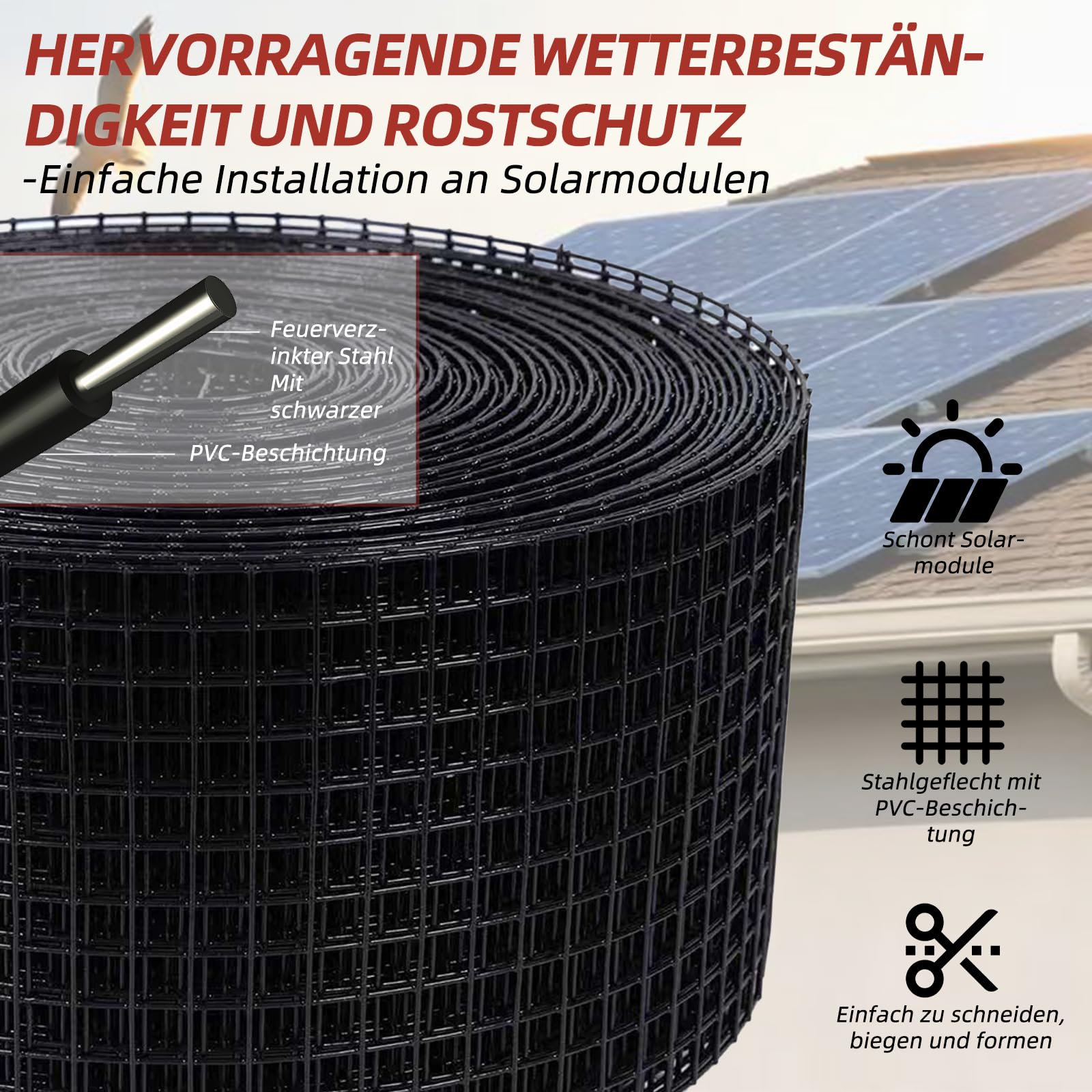 Siatka chroniąca przed ptakami do modułów solarnych, 30 m x 20 cm, ocynkowana rolka z siatki stalowej powlekanej PCW, szerokość oczek 1,27 cm, w zestawie 100 zapięć ze stali nierdzewnej, ochrona przed