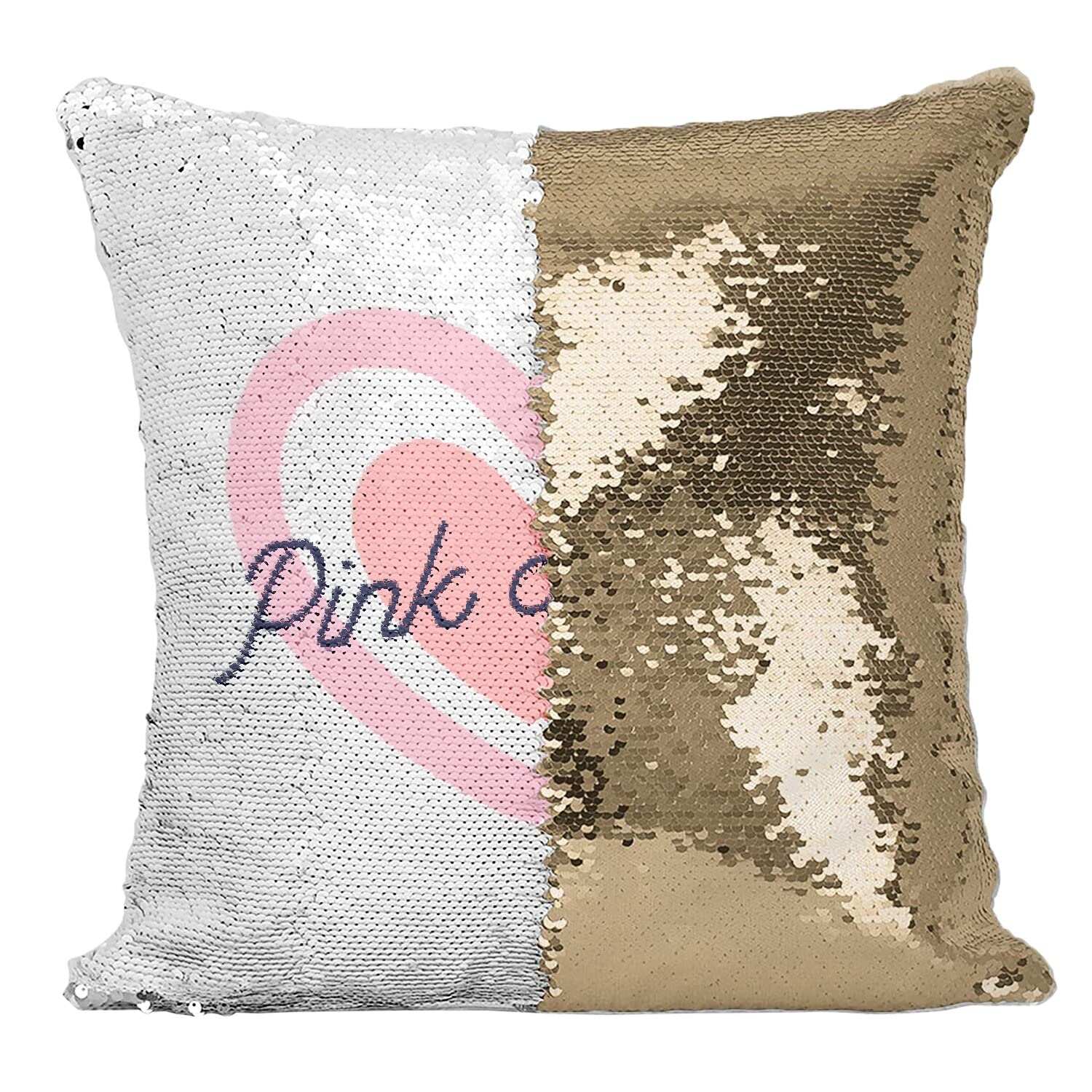Coussin sequin paillettes doré avec housse pink heart pour déco