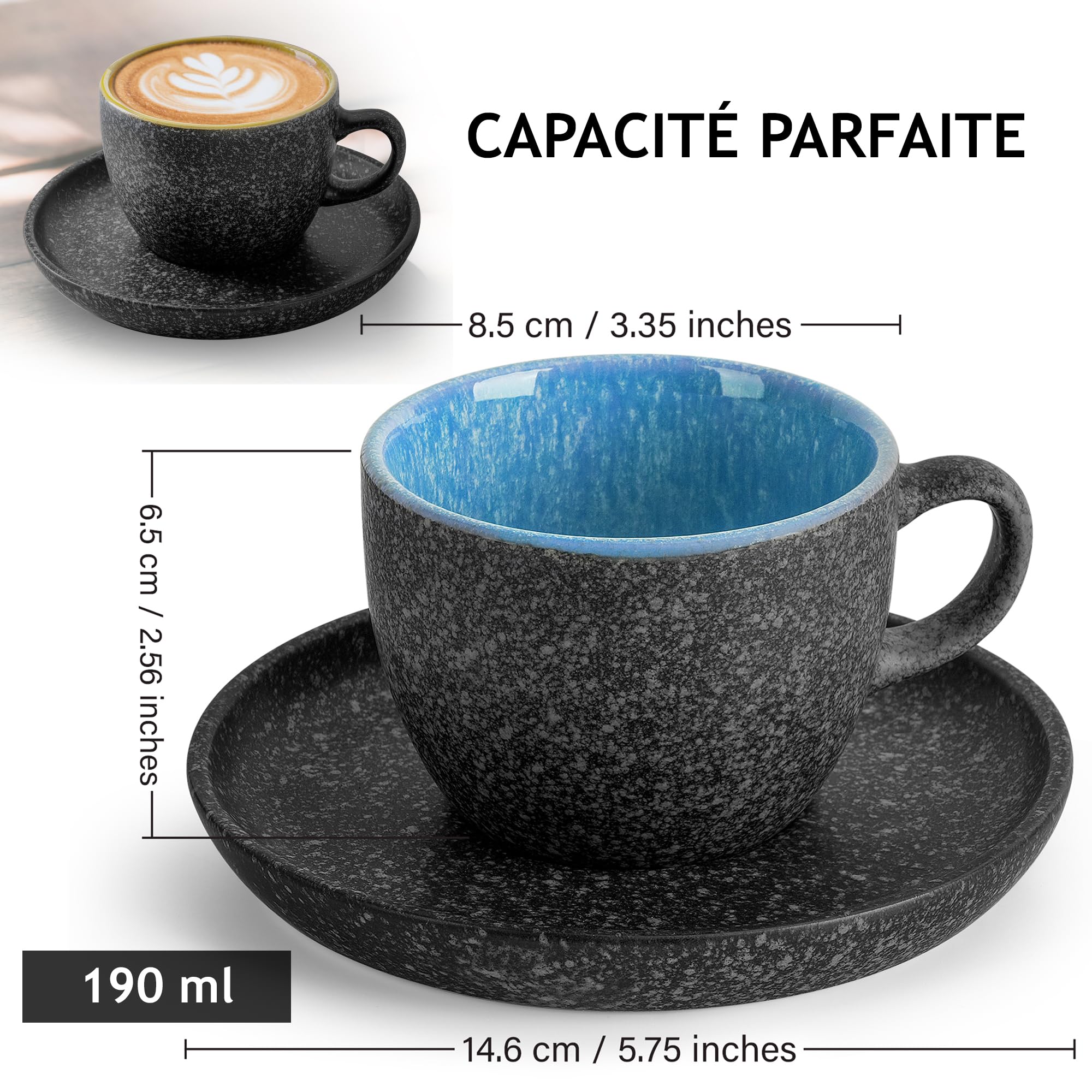 MIAMIO - Tasses à cappuccino empilables en céramique de 190 ml avec soucoupes et support en métal - Ensemble de 6, spéciaux Americano Latte Café Mocha et thé - Collection Las Palmitas