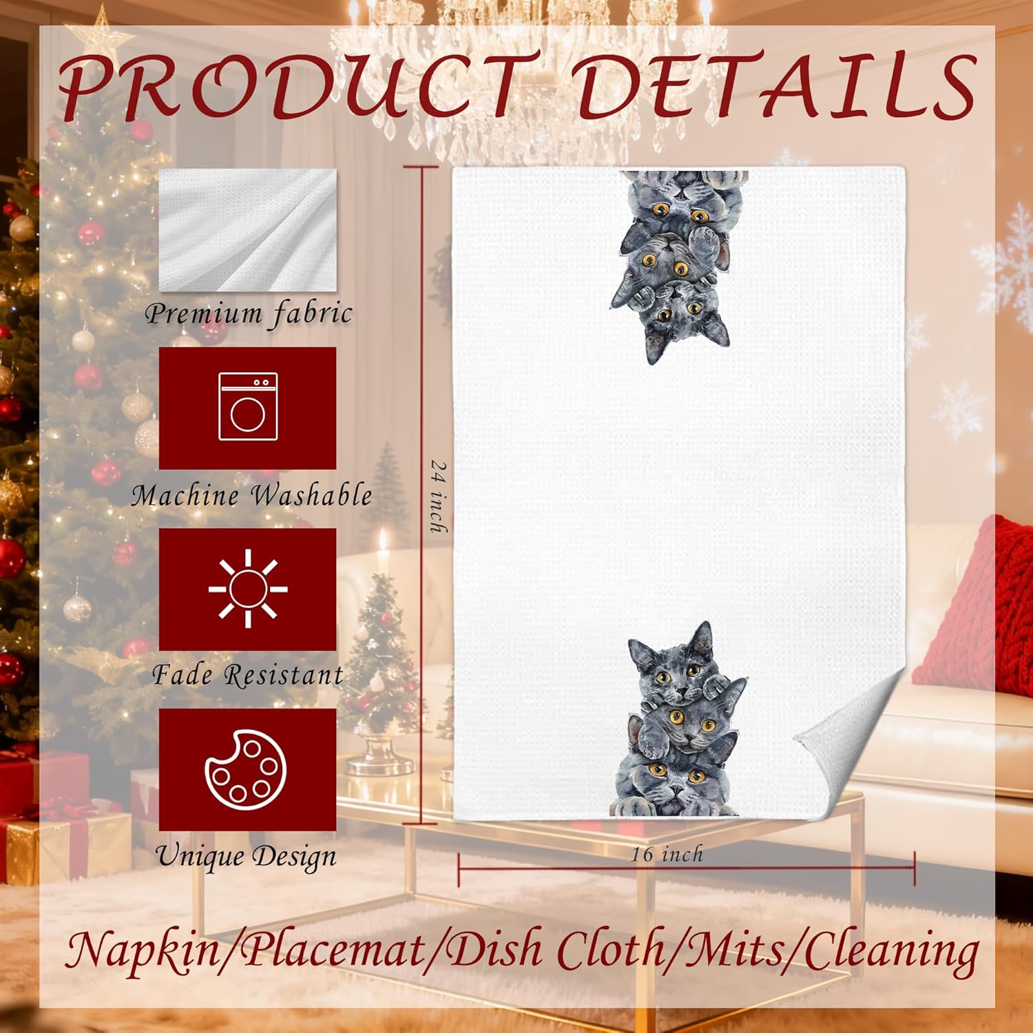Russian Blue Cat Kitchen Towels 16x24 in, Russian Gifts, Cat Lovers Mom Owner Gifts, Cute Kitty Kitten Decorative Hand Tea Dish Towels for Bathroom Kitchen - Image 7