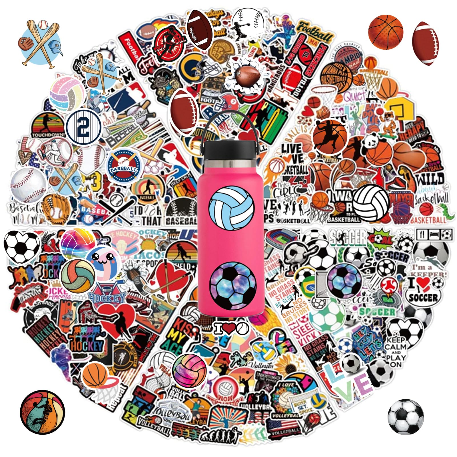300Pcs Mixed Balls Cool Vinyl Sports Stickers, Water Bottle Stickers for Laptop Scrapbook Skateboard Journaling Helmet Football Soccer Decals School