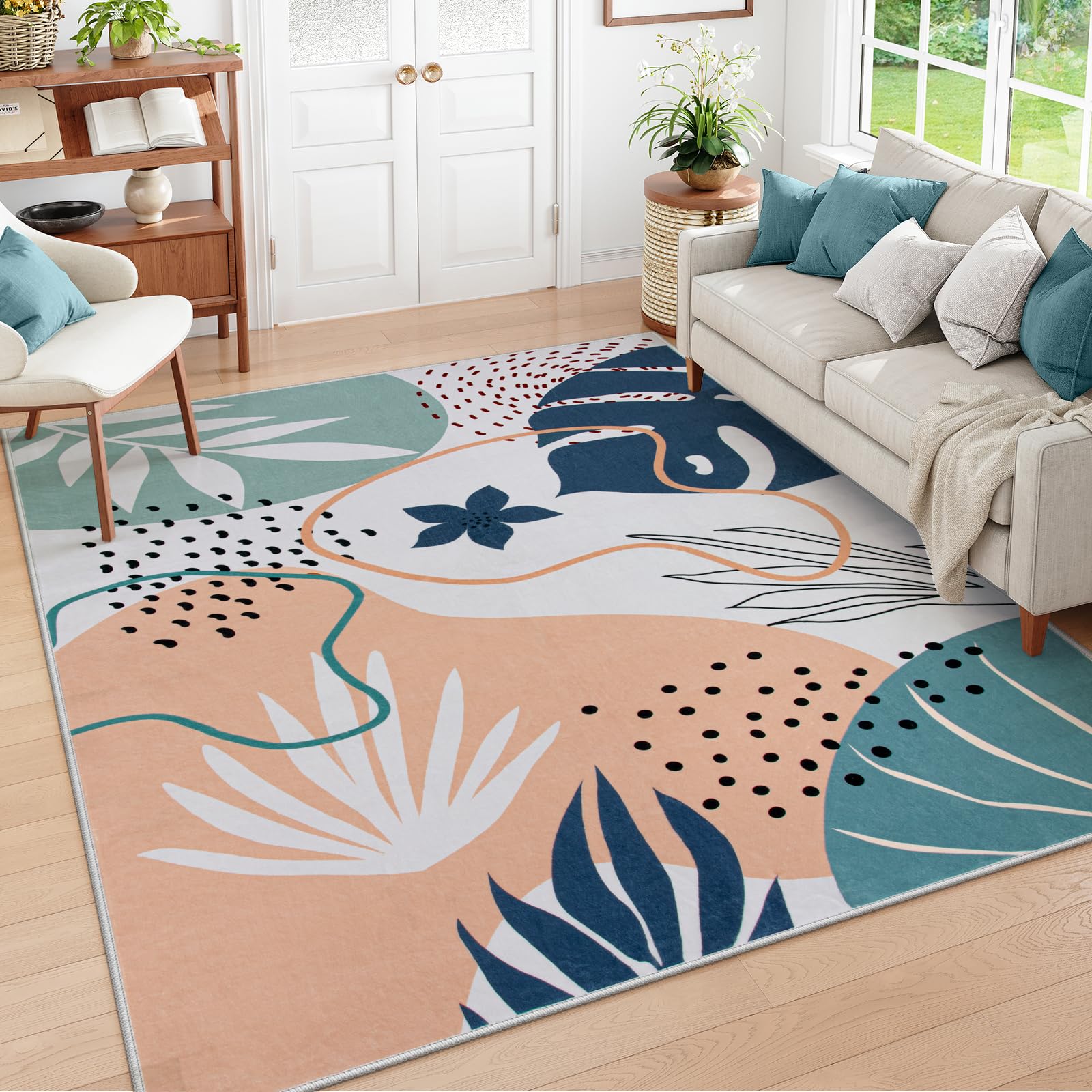 Lahome Washable Area Rug 5x7 - Non-Slip Soft Carpet for Bedroom Ultra-Thin Stain Resistant Rug for Living Room Throw Cute Kids Nursery Rug, Boho Botanical Print Indoor Rugs for Entryway Offi