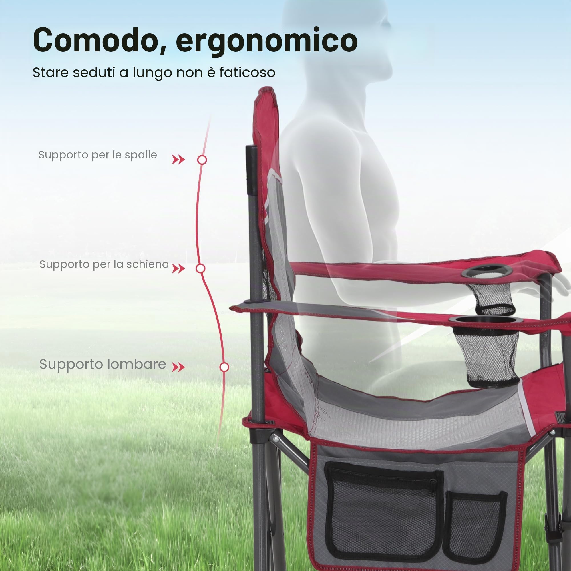 HIGH POINT SPORTS Sedia Pieghevole da Campeggio con Schienale in Rete Rosso Sedie Pieghevoli da Esterno Sedia da Campeggio Sedia da Pesca 160KG