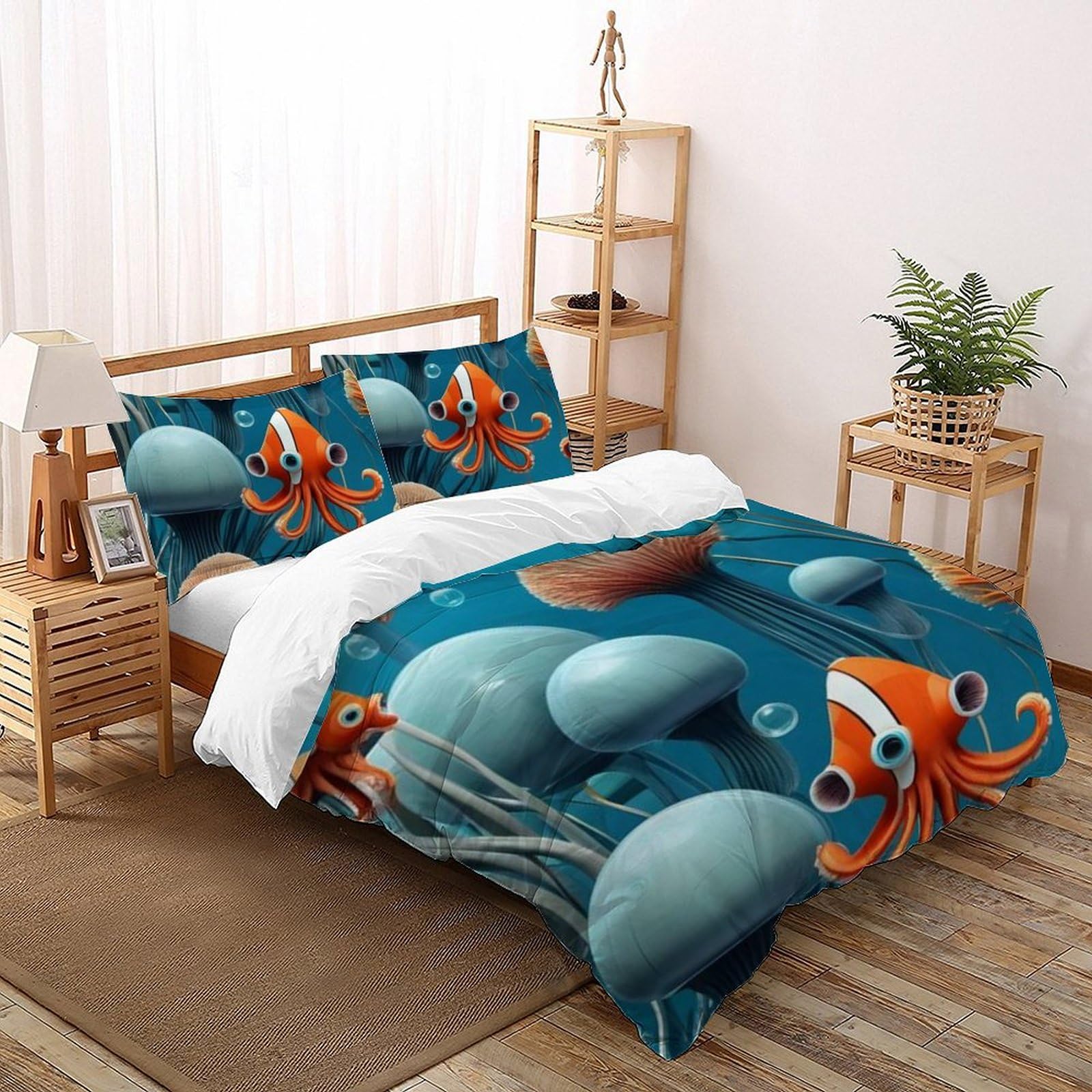 Housse de couette double et taies d'oreiller microfibre motif Jellyfish