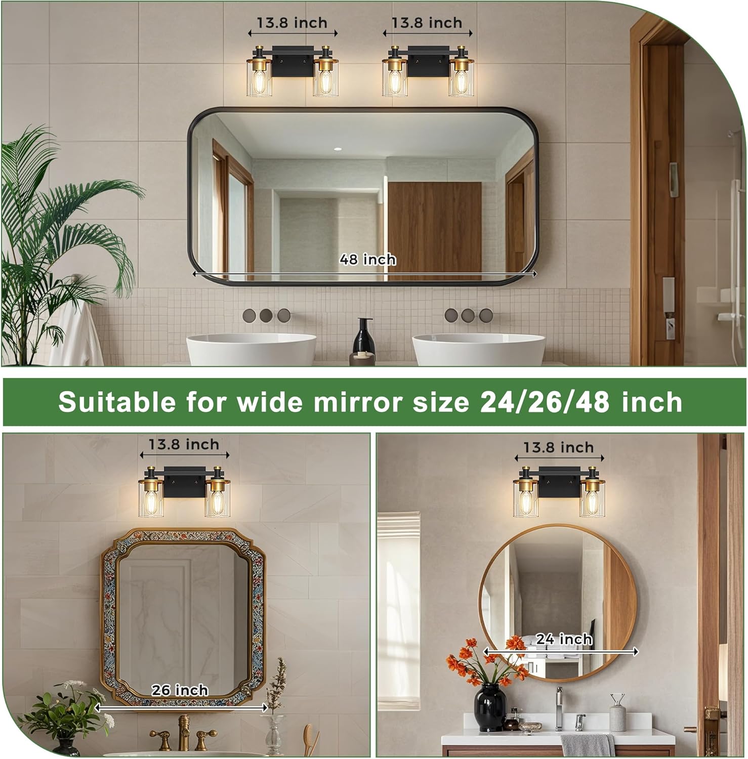 DORESshop 2-Light Black and Gold Bathroom Light Fixtures, Vanity Lights Fixture with Clear Glass Shade, Bathroom Vanity Light for Mirror Kitchen Bedroom, Modern Wall Lights Over Mirror