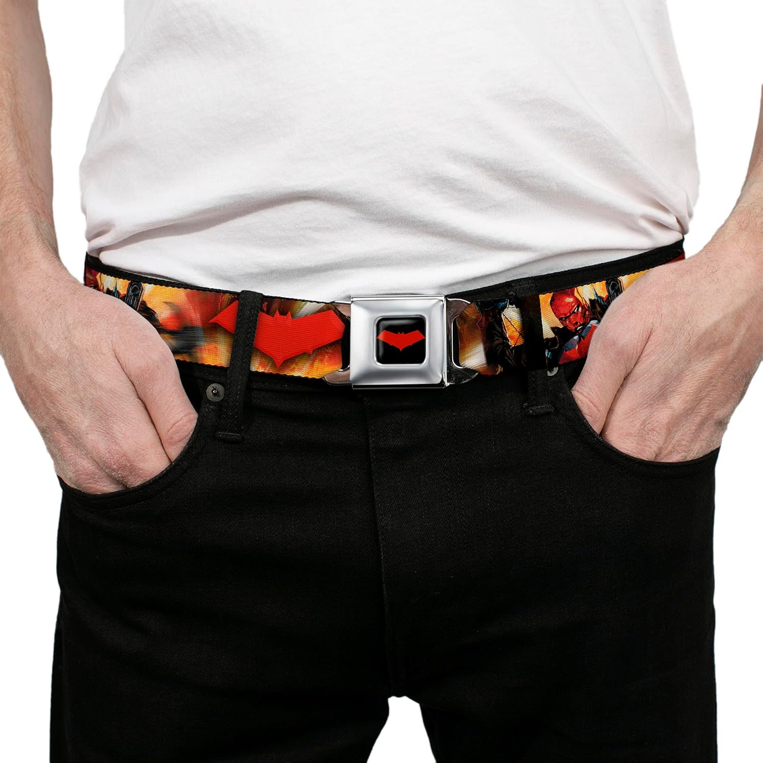 Buckle-Down Men's Seatbelt Belt Kids, red Hood/the Outlaws # shooting/explosion Cover Pose/logo 1.0" Wide-20-36 Inches