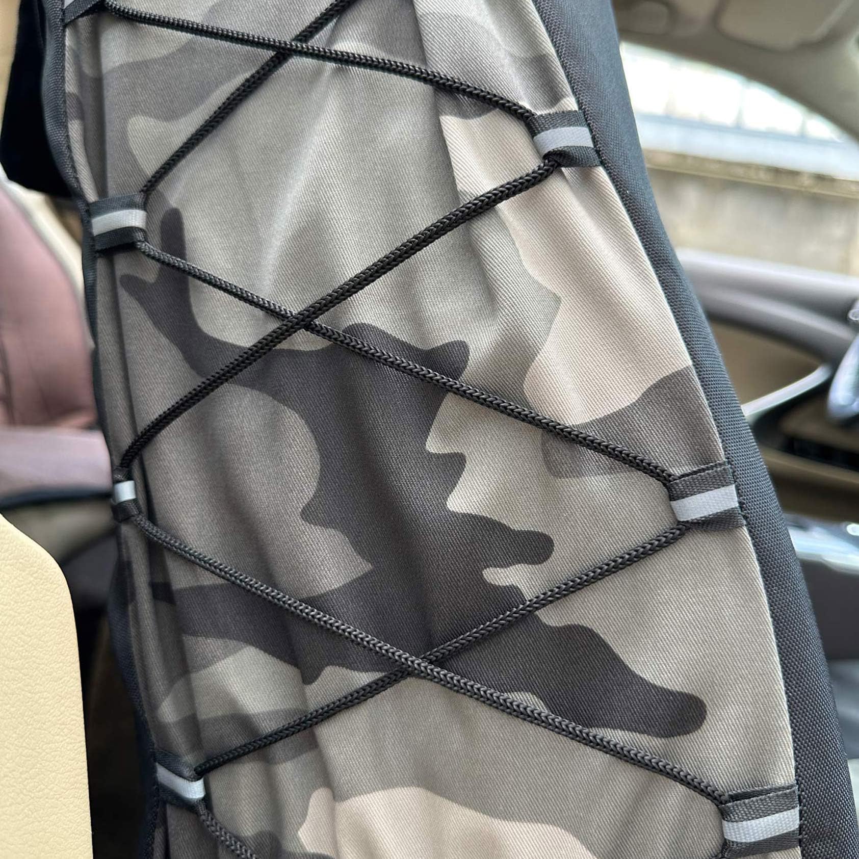 Fundas de asiento delantero de lona y camuflaje militar gris, protector de asiento delantero para asientos de coche con respaldo alto con organizador de múltiples bolsillos para almacenamiento