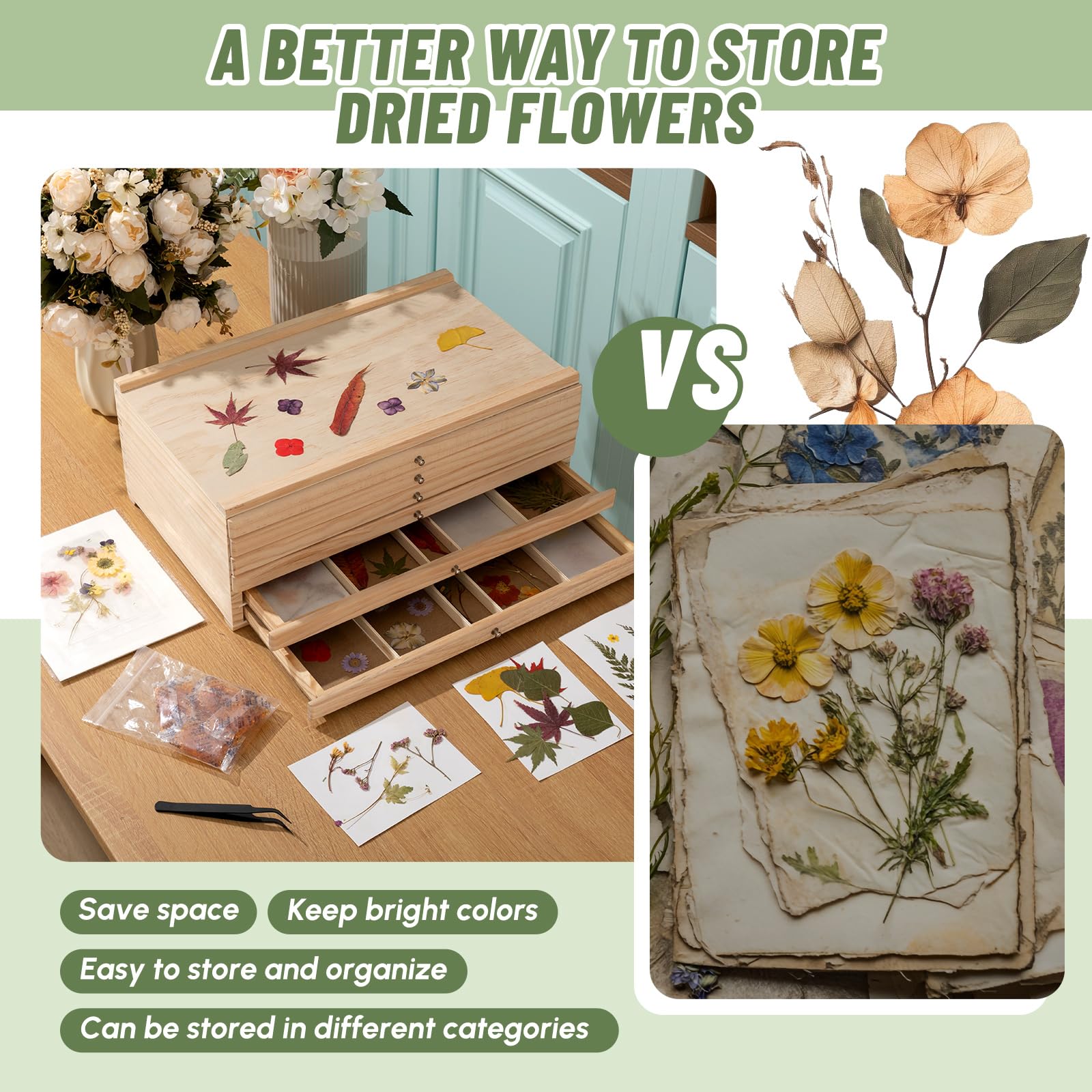 AceOrbit Aufbewahrungsbox aus gepresstem Holz mit 6 Schubladen, Künstlerbedarf, Aufbewahrungs-Organizer mit Löschpapier, Trockenmittel und Pinzette, getrocknete Blumen, Schubladenbox, Kunst-Organizer