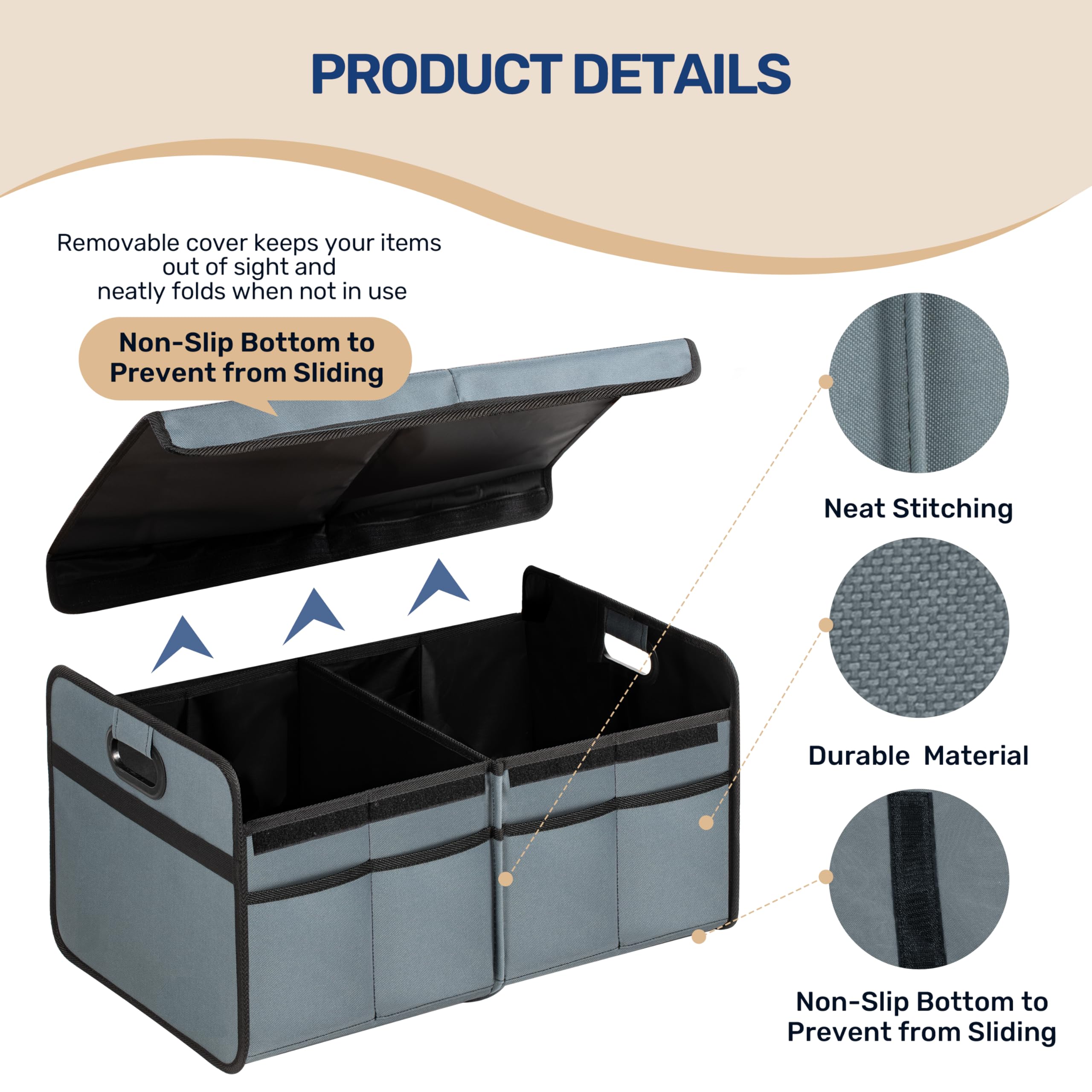 YSSOA Car Trunk Organizer with Lid Collapsible 2 Compartment Automotive Storage Box 600D Waterproof Oxford Polyester 50L Travel — view 3