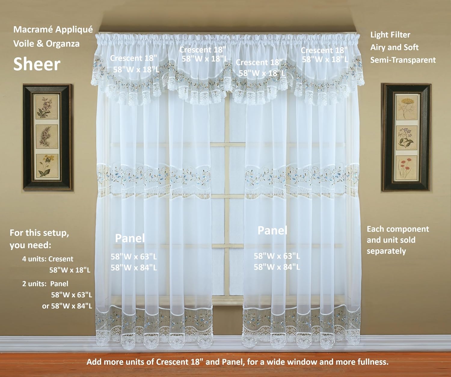 Today's Curtain, Vintage Macramé Organza Crescent 18", White/Blue, 58" W x 18" L
