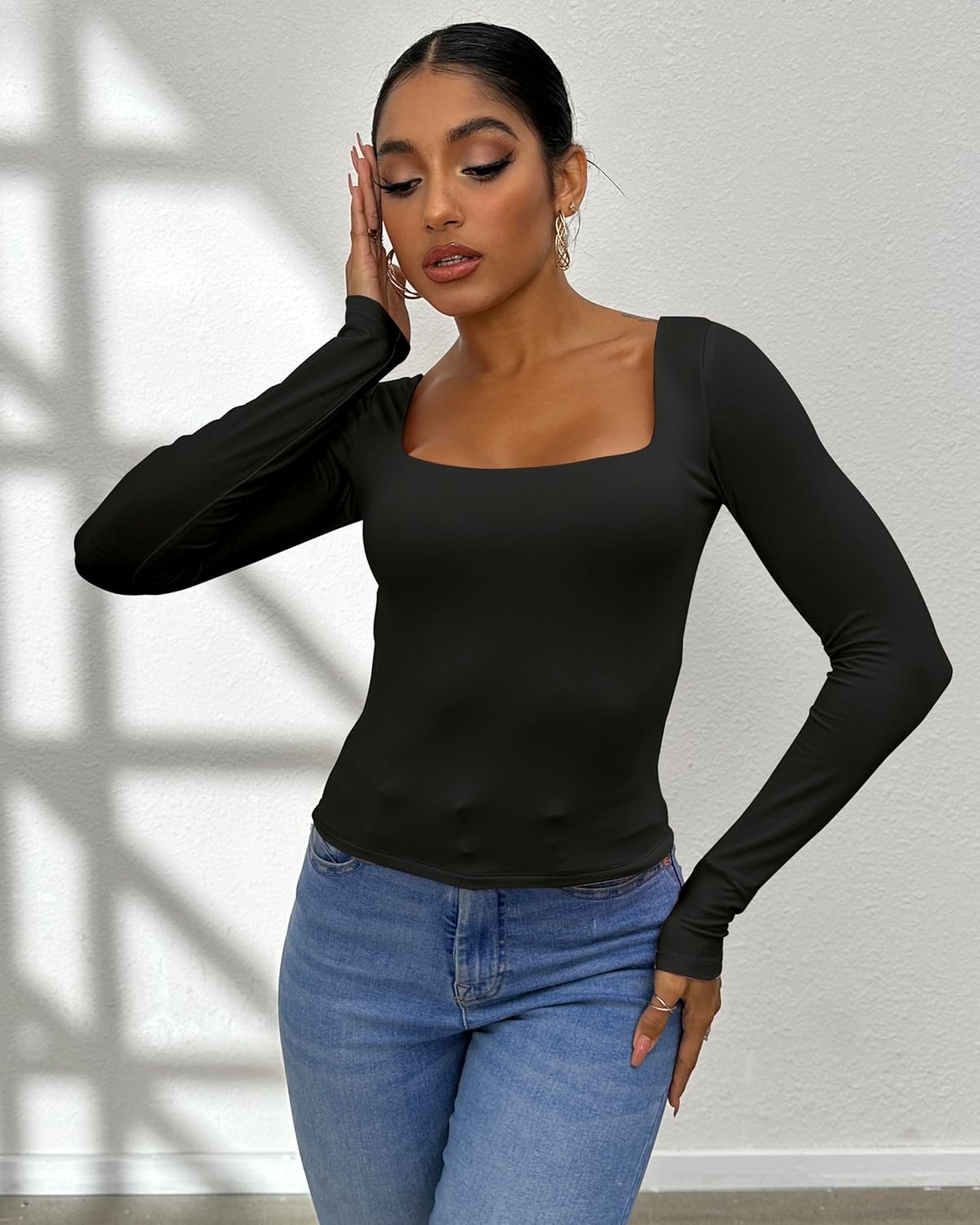 Dwnval Long Sleeve Shirts for Women - Basic Slim Fit Double Lined Square Neck Crop T Shirt - Image 4