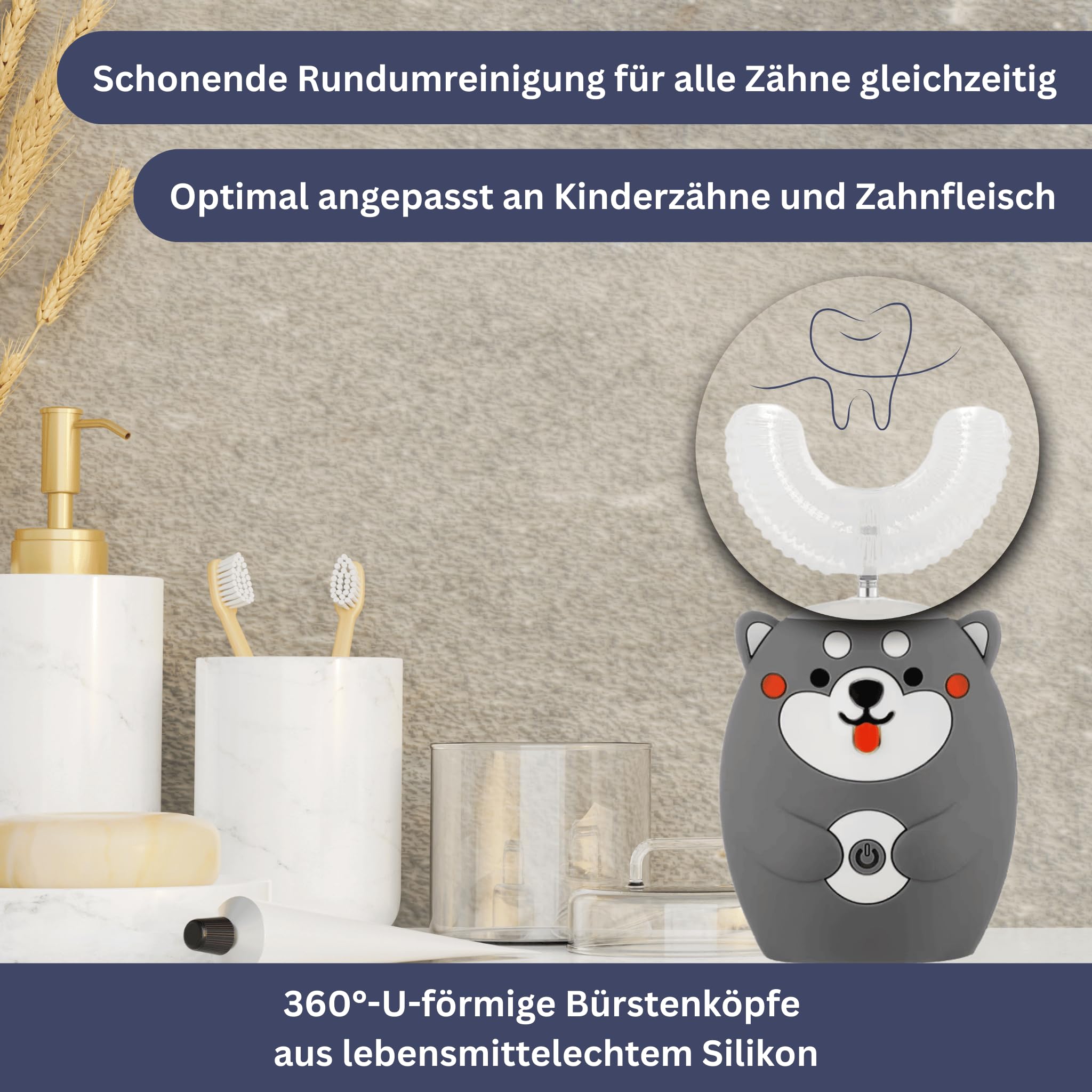 GesundPur HappyZahn 360 – Smarte Rundum-Zahnpflege für Kinder Ultraschallzahnbürste für Kinder mit U-förmigen Silikonbürstenköpfen und LED-Beleuchtung – Ideal für Jungen und Mädchen