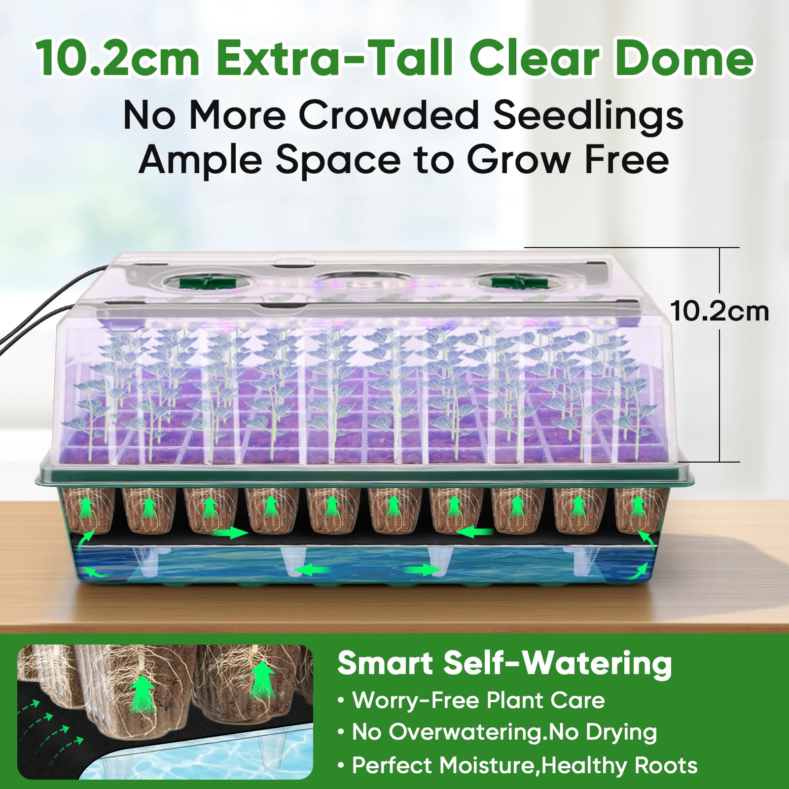 BlumWay Kit de démarrage de semences auto-arrosant avec lumière de croissance et dôme d'humidité, lumière de croissance 3 couleurs, plateau de semis de plantes à 120 cellules, plateaux de germination