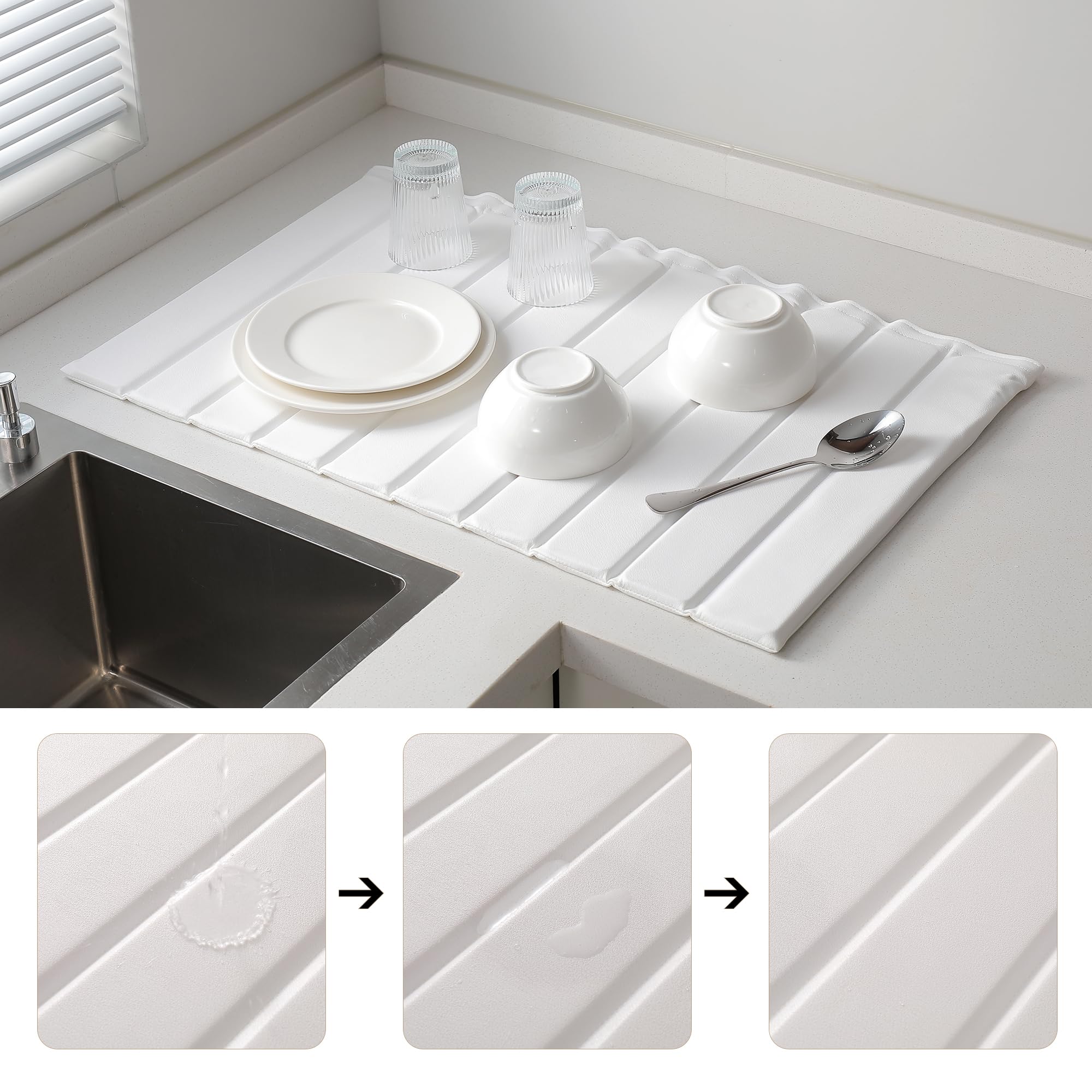 Tapis de séchage en pierre pour comptoir de cuisine, Tapis de séchage instantané egouttoir diatomite, tapis de séchage pliable et super absorbant pour Vaisselle et Tasses (Blanc B, 63*40cm)
