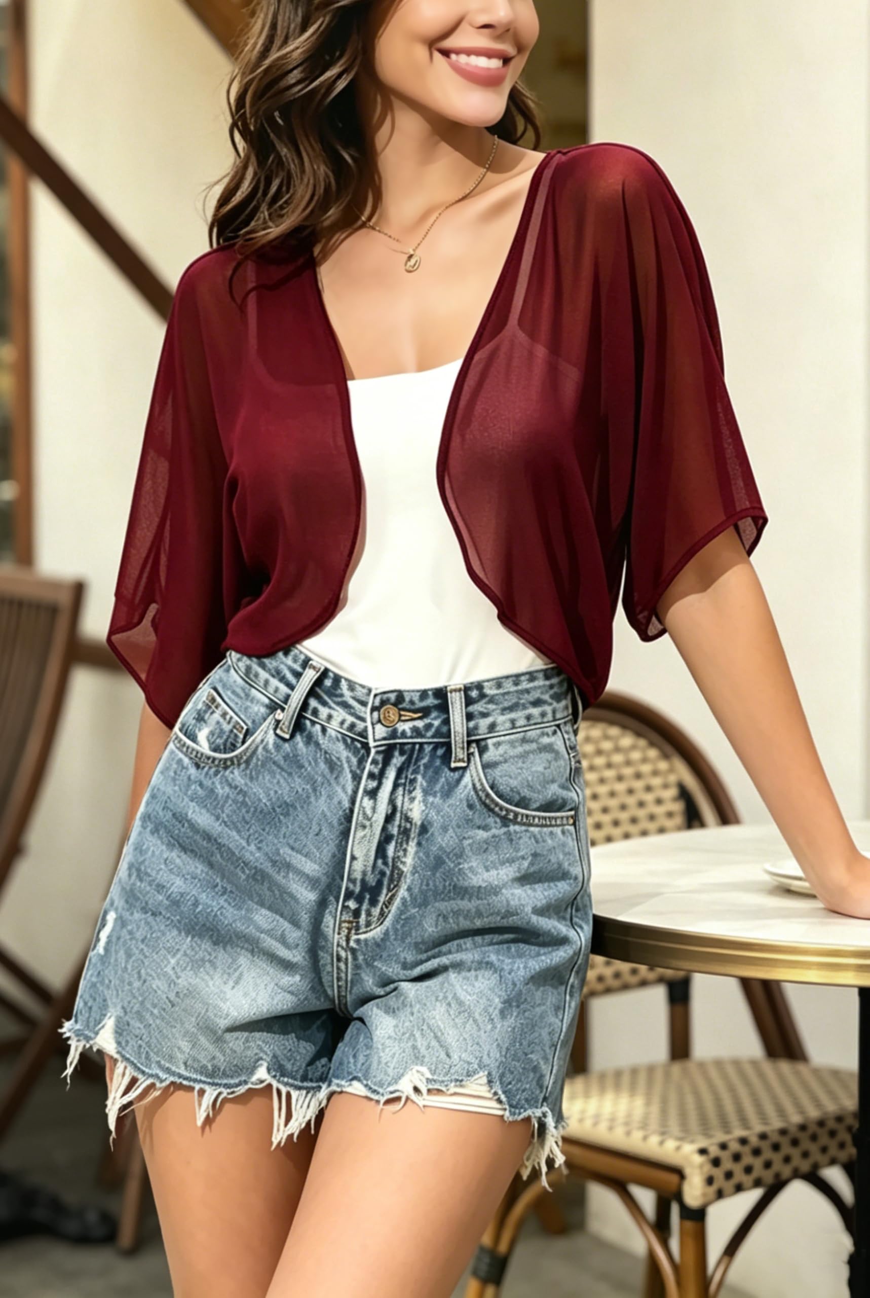 Damen Chiffon Bolero Festlich Elegant Shrug Top Kurze Strickjacke Casual Kurzarm Bolerojacke Leicht Cardigan Open Front Bolerojacke Schulterjacke Tops