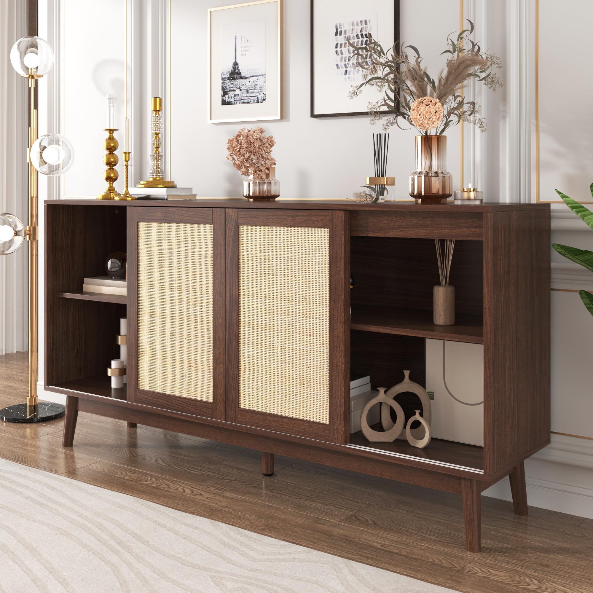 Sideboard 155x38x80 Cm Mit Rattan Schiebetüren 2 Schubladen Holzfüße Atmungsaktiv Stauraum Buffetschrank Anrichte Wohnzimmer Schrank Regal Mit Türen Für Flur Esszimmer