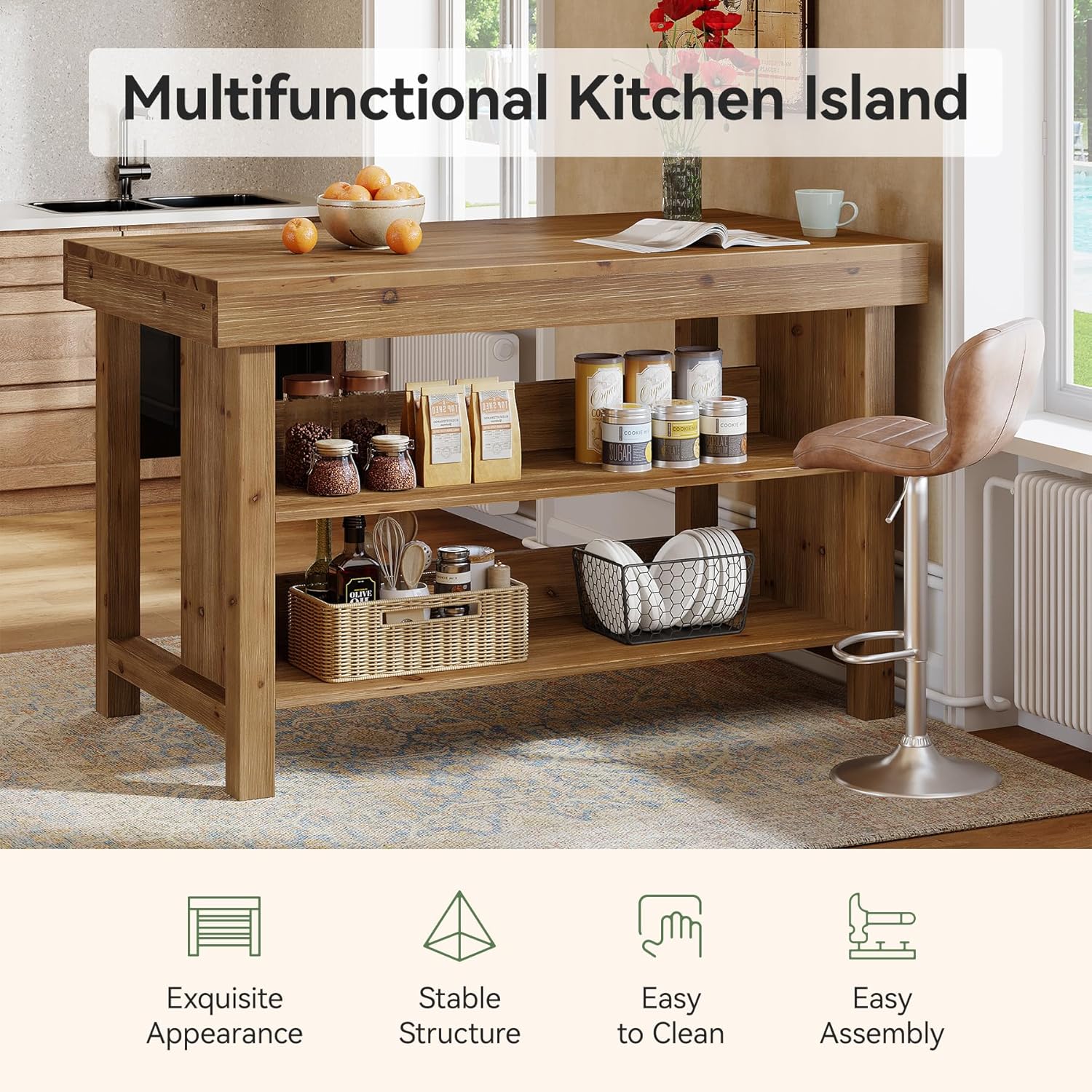 Solid Wood Large Kitchen Island, 3-Tier 55 Inch Stationary Center Island Table with Open Storage Shelves, Farmhouse Counter Height Coffee Bar for Kitchen, Dining Room, Living Room, Brown