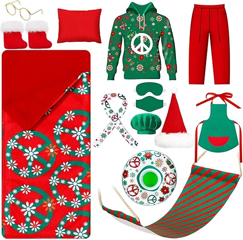 Juego de 14 accesorios de muñeca elfo de Navidad, disfraz de elfo en ropa, disfraz de mago, bata de mago, bufanda y escoba, saco de dormir, hamaca,
