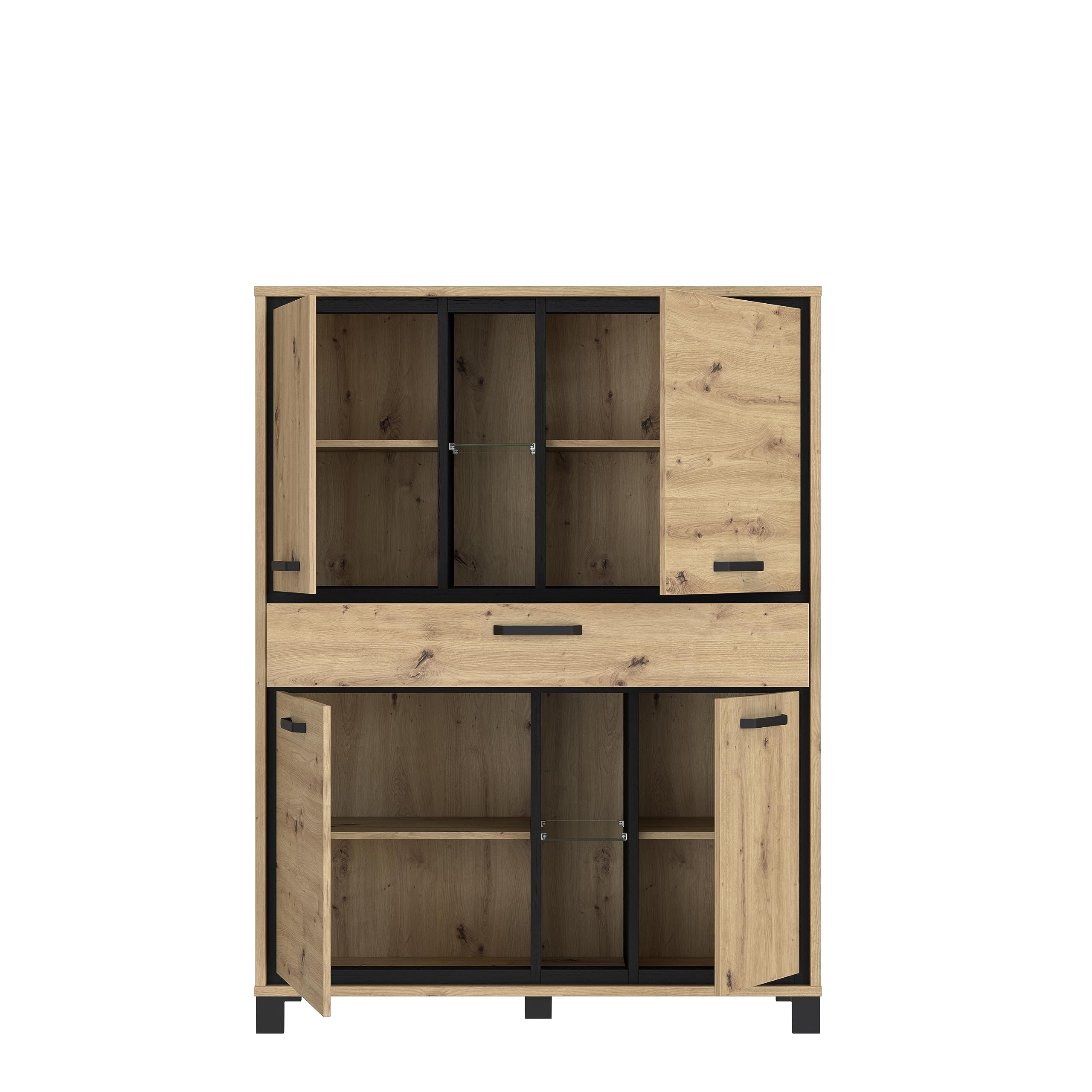 FORTE Trondheim Highboard, Holzwerkstoff, Artisan Eiche kombiniert mit Schwarz Eiche, 101,1 x 161 x 120,4 cm