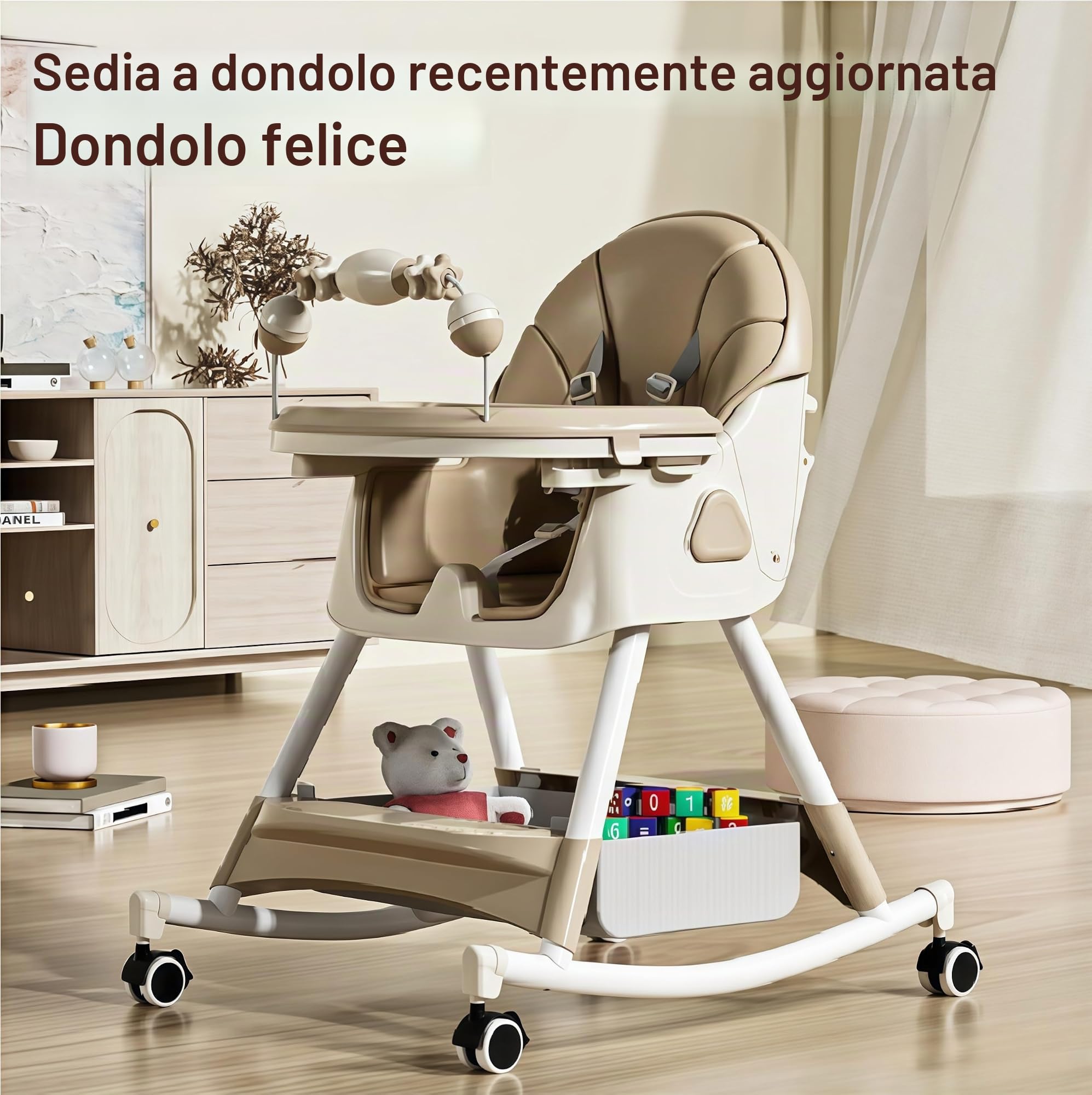 Magic ZC Seggiolone per Bambini Sedia da Pranzo per Multifunzionale Pappa con modalità oscillazione e Schienale regolabile a 3 velocità con Doppi Vassoi Staccabili e Ruote (560 Khaki)