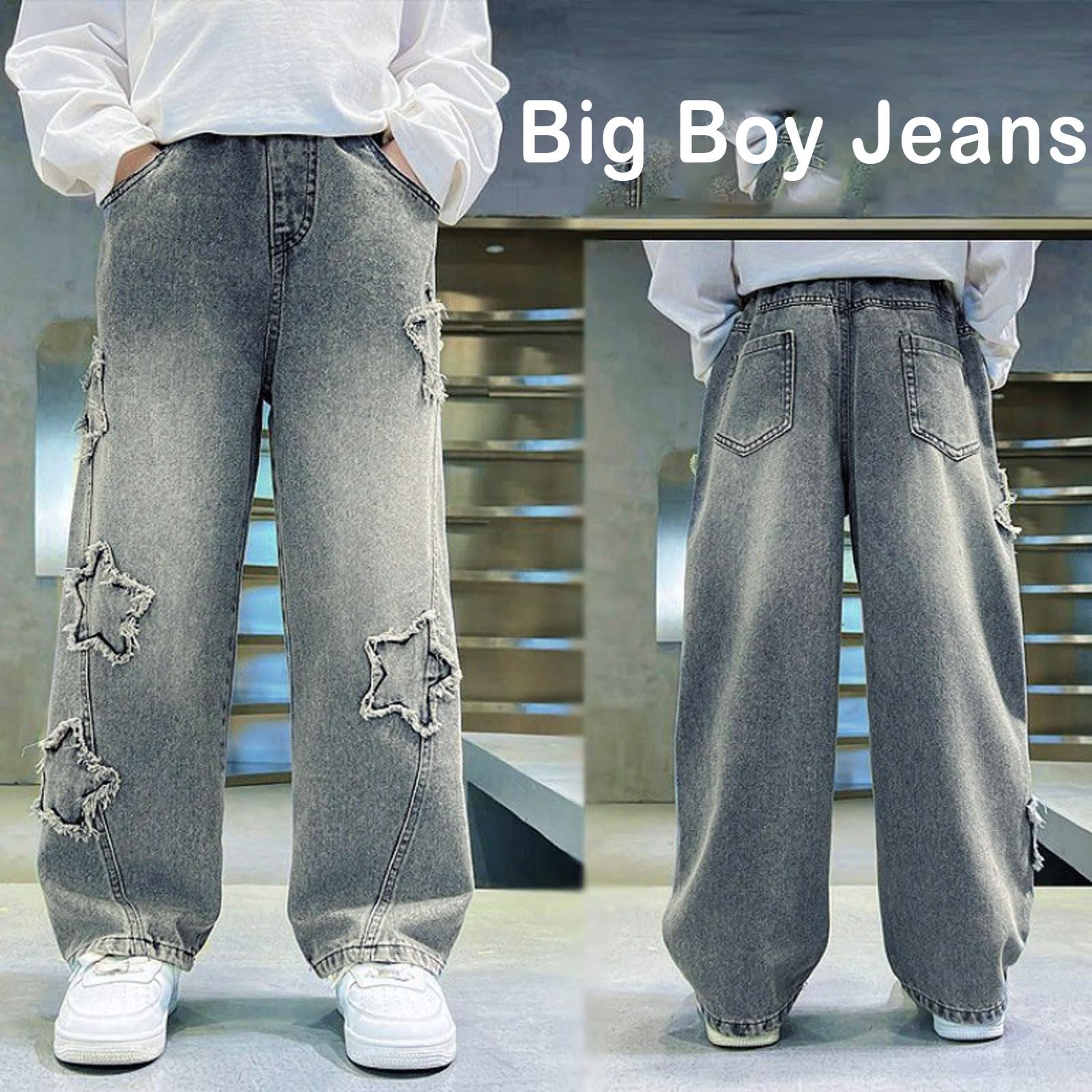 Lindos pantalones de mezclilla holgados con diseño de estrella, cintura elástica, pantalones de mezclilla rectos de pierna ancha para adolescentes de 8 a 14 años