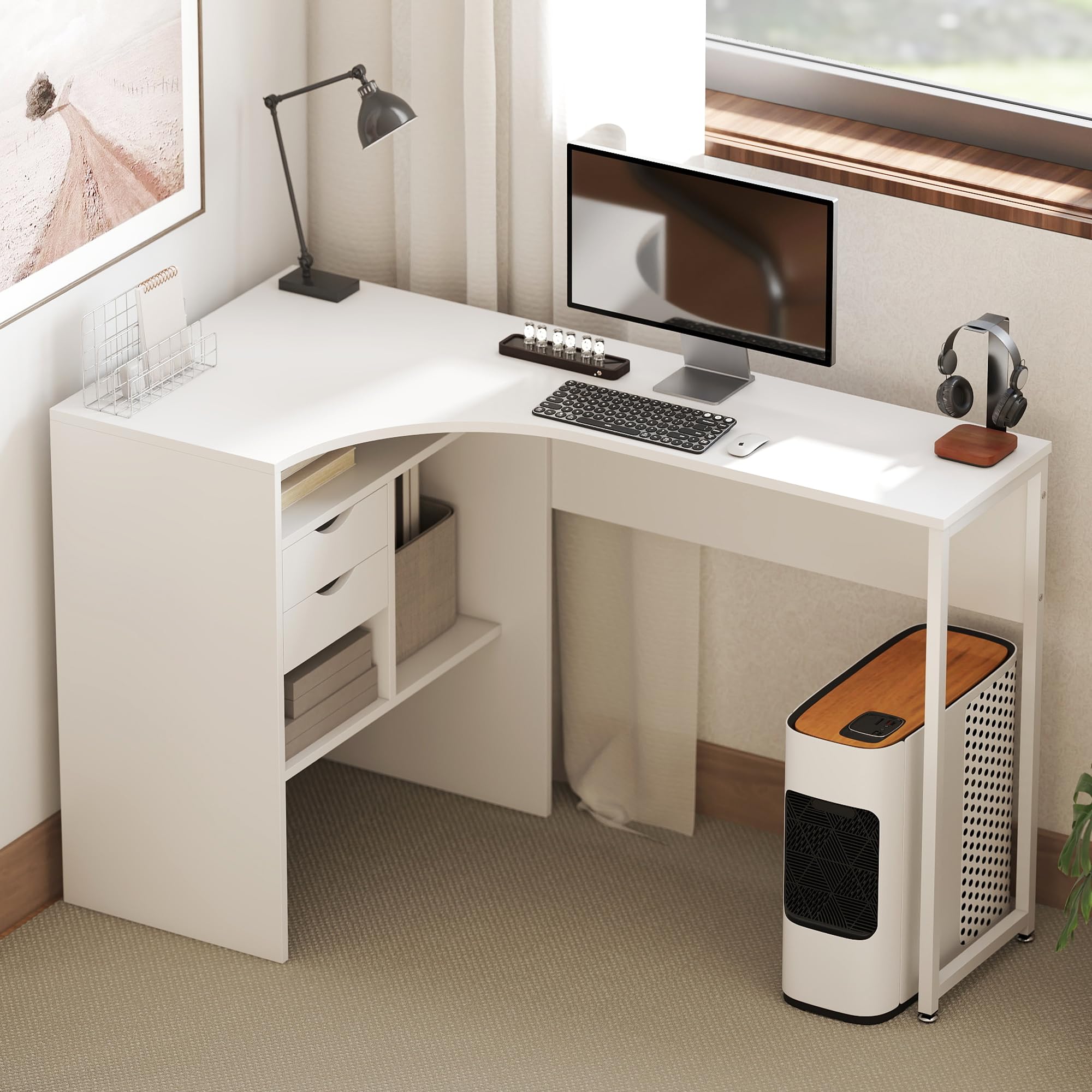 HOMCOM Scrivania angolare con 2 cassetti, 120 x 60 cm, Scrivania a L con 3 scomparti aperti, Tavolo per computer per studiare, lavoro, camera, casa, bianco