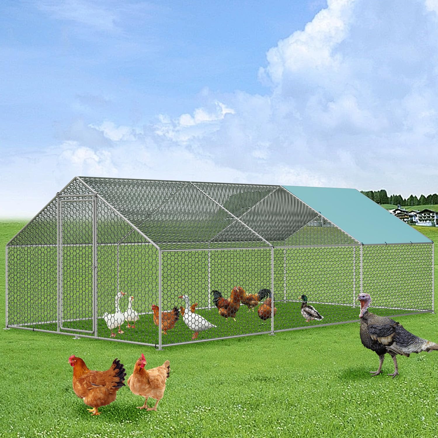 Vipbear Large Metal Chicken Coop Run 236x118x77in for 30-40 Chickens - Heavy Duty, Waterproof Cover, Predator-Proof Lock