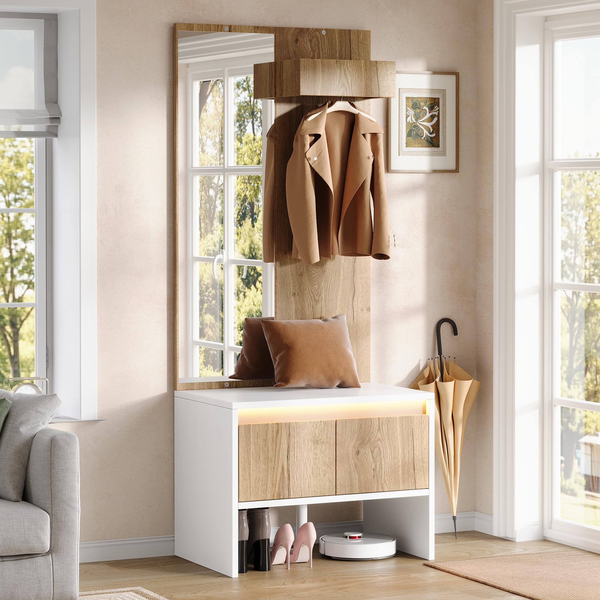 Zestaw garderobiany z wieszakiem na ubrania, lustrem, szafką na buty i 2 szufladami – w kolorze białym i naturalnym, 60 x 38 x 145 cm