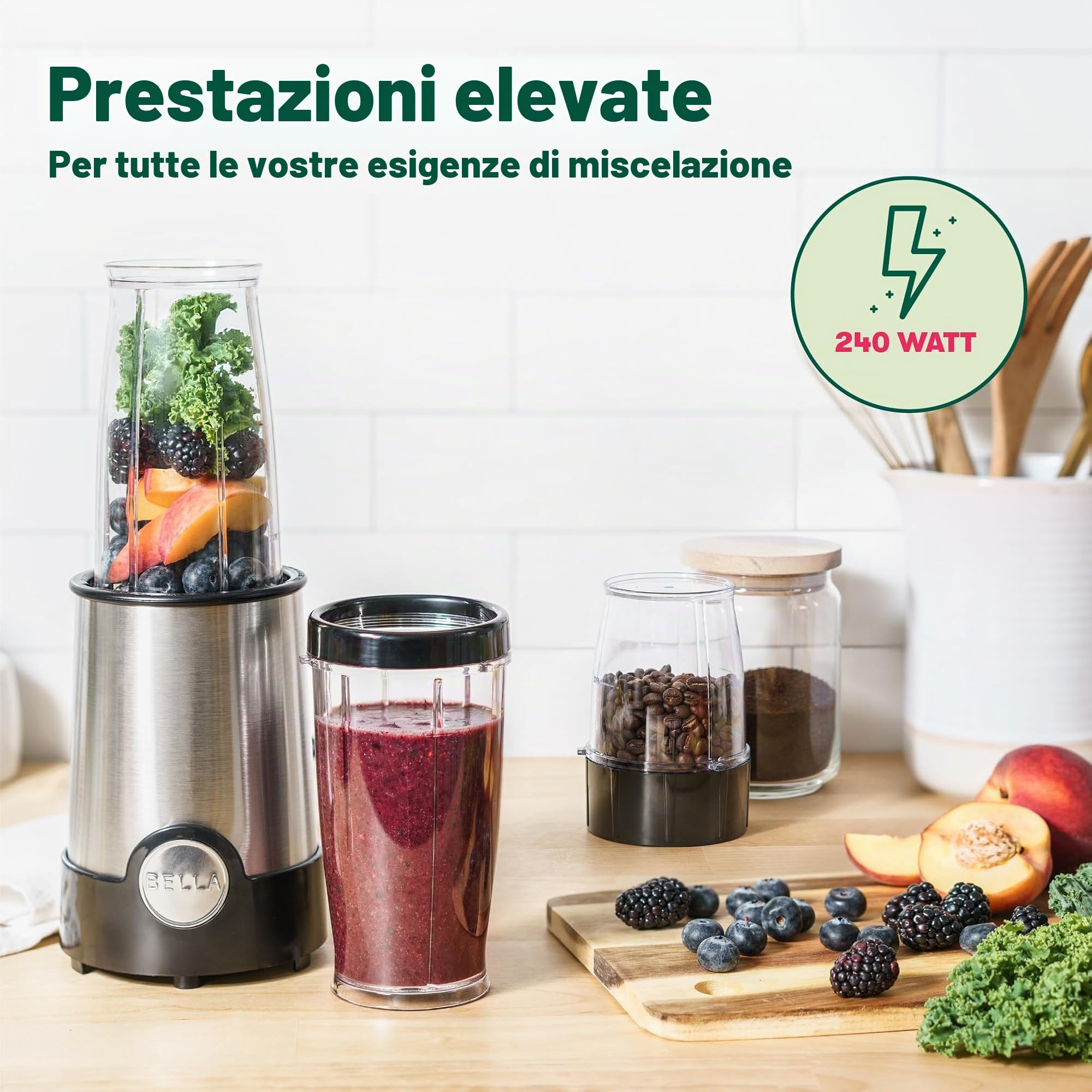 bella Mini Frullatore Elettrico Portatile Rocket in Acciaio Inossidabile, Set da 12 Pezzi, Mixer e Tritatutto per Smoothies, Frullati e Salse, 240 Watt, Nero