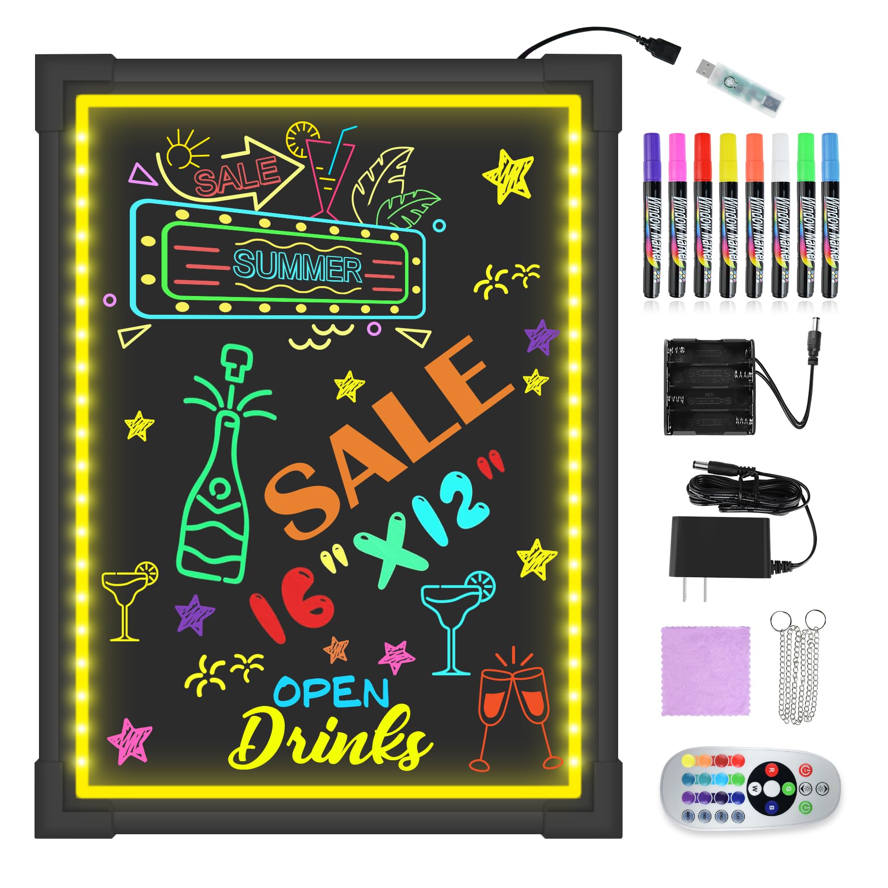 Hosim LED Message Writing Board, 16"X 12" Illuminated Erasable Neon Effect Restaurant Menu Sign with 8 Colors Markers, 7 Colors Flashing Mode DIY Message Chalkboard for Kitchen Wedding Promotions