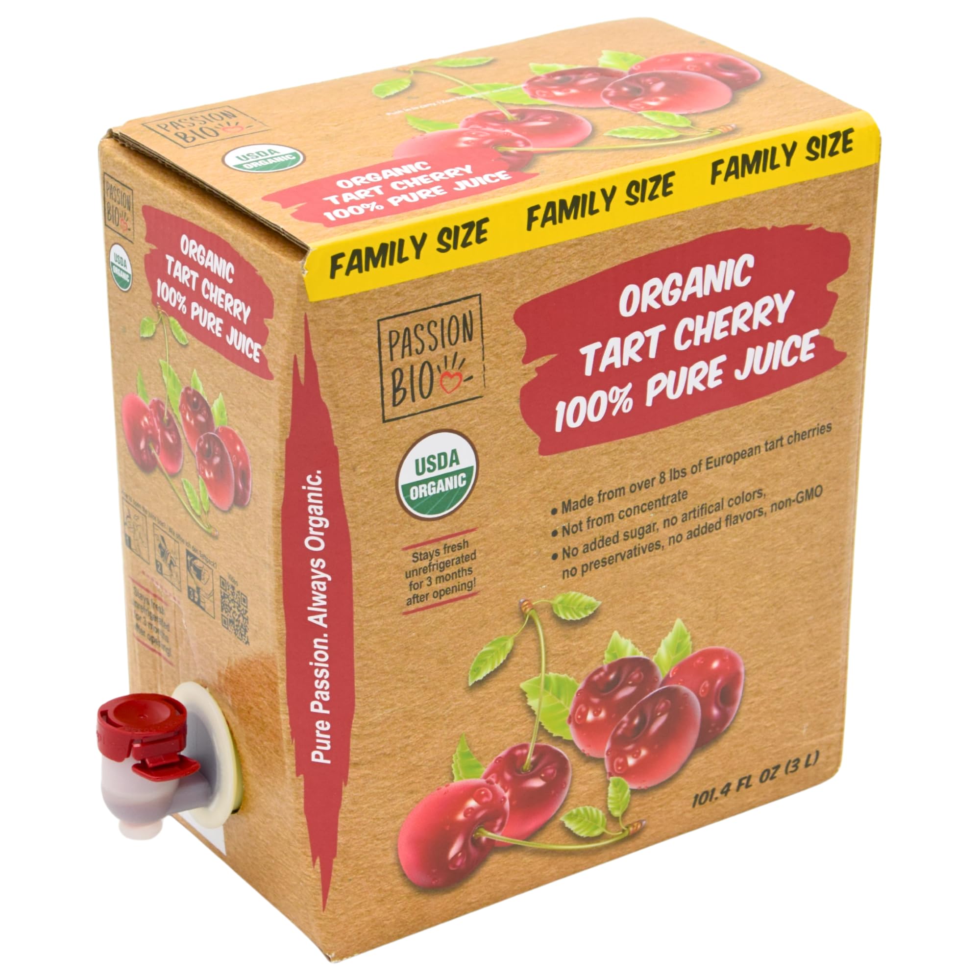 Organic Tart Cherry Juice Box 101.4 Fl Oz | Pure Fruit Juice, Not From Concentrate | Organic, Vegan, Non-GMO | No Added Sugar, Easy-Pour Tap Packaging