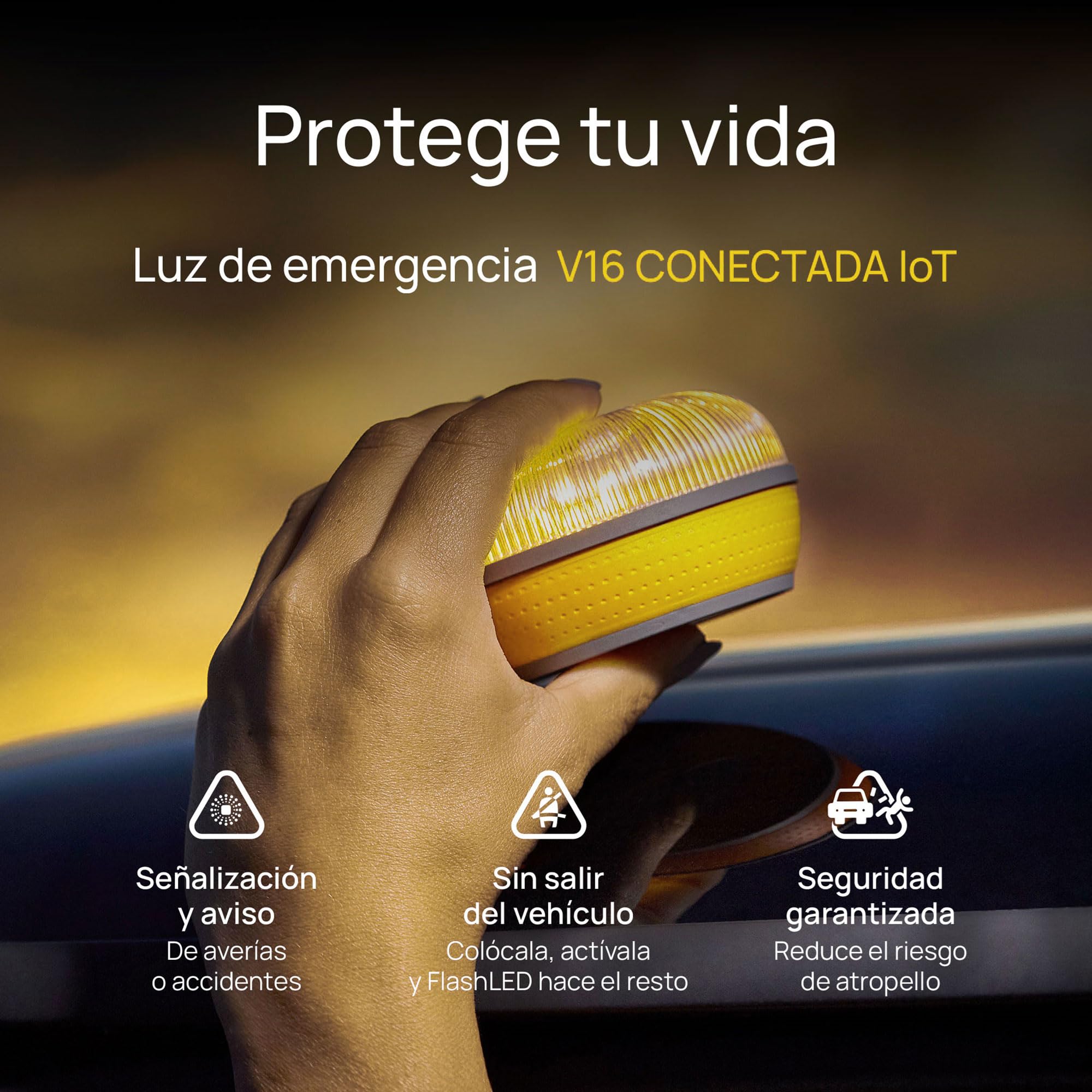 RACC Luz Emergencia Coche V16 Incluye Asistencia en Carretera, Homologada DGT con Geolocalización, Luz avería Coche [Visibilidad 1 Km] Baliza V16 con GPS y Base Imantada, SIM, baliza IoT