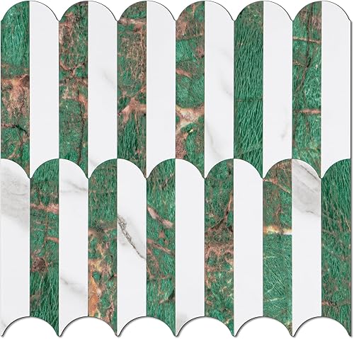 Miniatura 1 de Vamos Tile Azulejo verde sin costuras, 10 hojas para salpicaduras para cocina y baño, aspecto de mármol blanco y verde, azulejos de mosaico