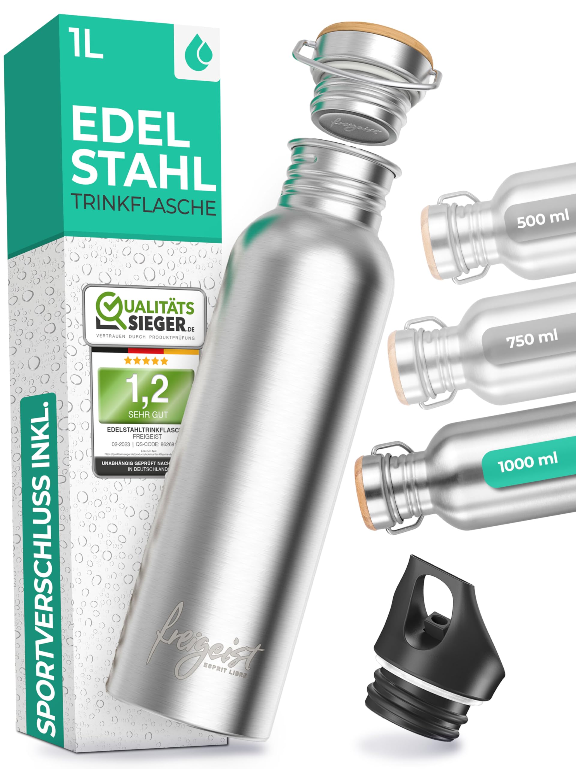 Trinkflasche Edelstahl 1l + EXTRA Sportverschluss, Edelstahl Trinkflasche 750ml, 500ml, 1000ml, freigeist trinkflasche edelstahl 750ml, Trinkflasche 1l Edelstahl, Edelstahl-Trinkflasche
