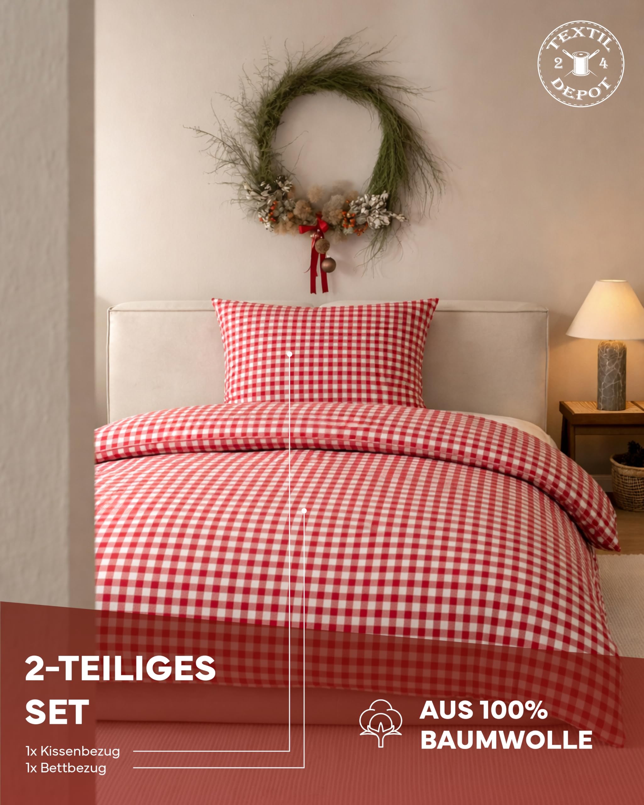 Landhaus Bettwäsche in rotem Karo 1x1 cm mit Hotelverschluss (Garnitur 135x200 cm + 80x80 cm)