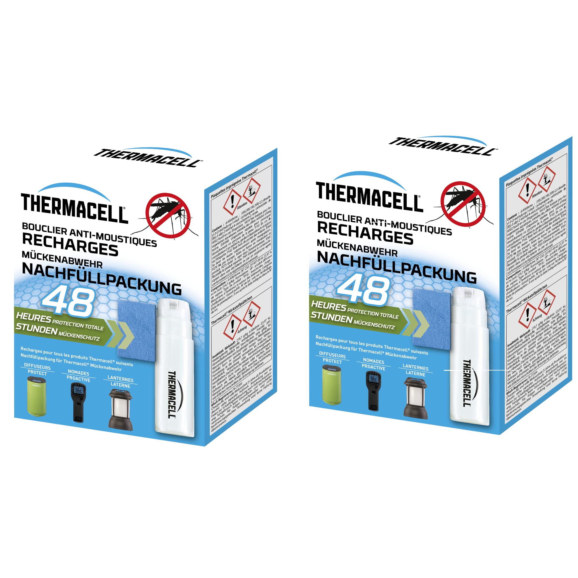 THERMACELL Ricarica anti zanzare e zanzare Tigri, protezione efficace 20 m², compatibile con diffusori, nomadi e lanterne, durata 96 ore, 8 cartucce a gas + 24 piastrine, 2 confezioni | Compatibile con diffusori, Nomadi e Lanterne - 8 cartucce + 24 pastig