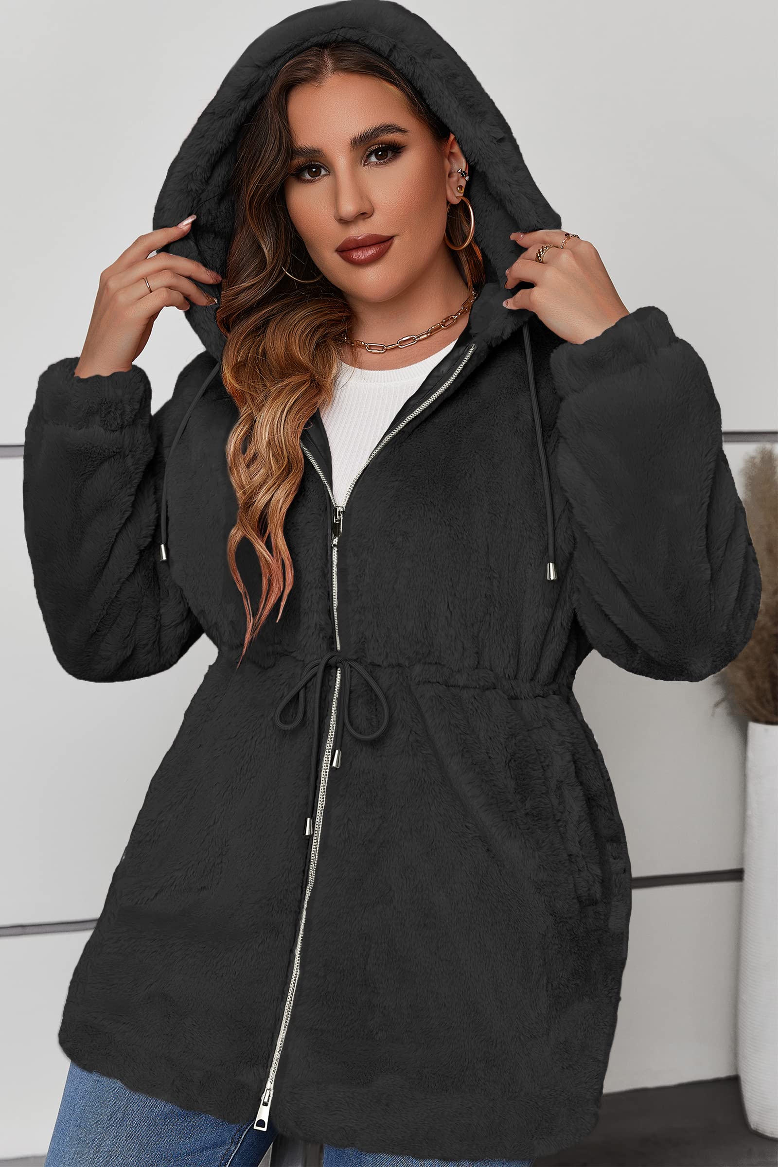 Geschallino Abrigo de Piel Sintética para Mujer Talla Grande Invierno Largo de Sherpa Esponjoso Capucha Chaqueta Polar