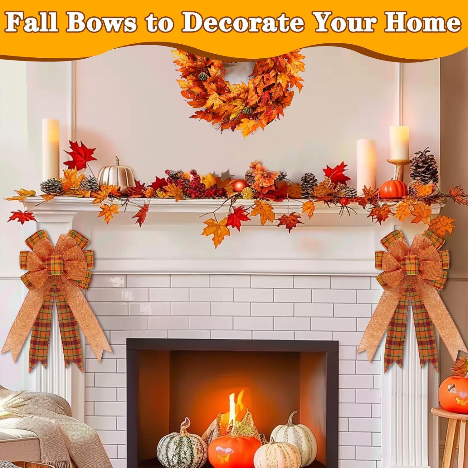 [ 2 Pack & Timer ] Prelit Fall Wreath Bows with 40 LED Lights Total, 18 Inch Orange Buffalo Burlap Plaid Bows for Wreath, Fall Bows Tree Topper Front Door Thanksgiving Home Decor Indoor Outdoor