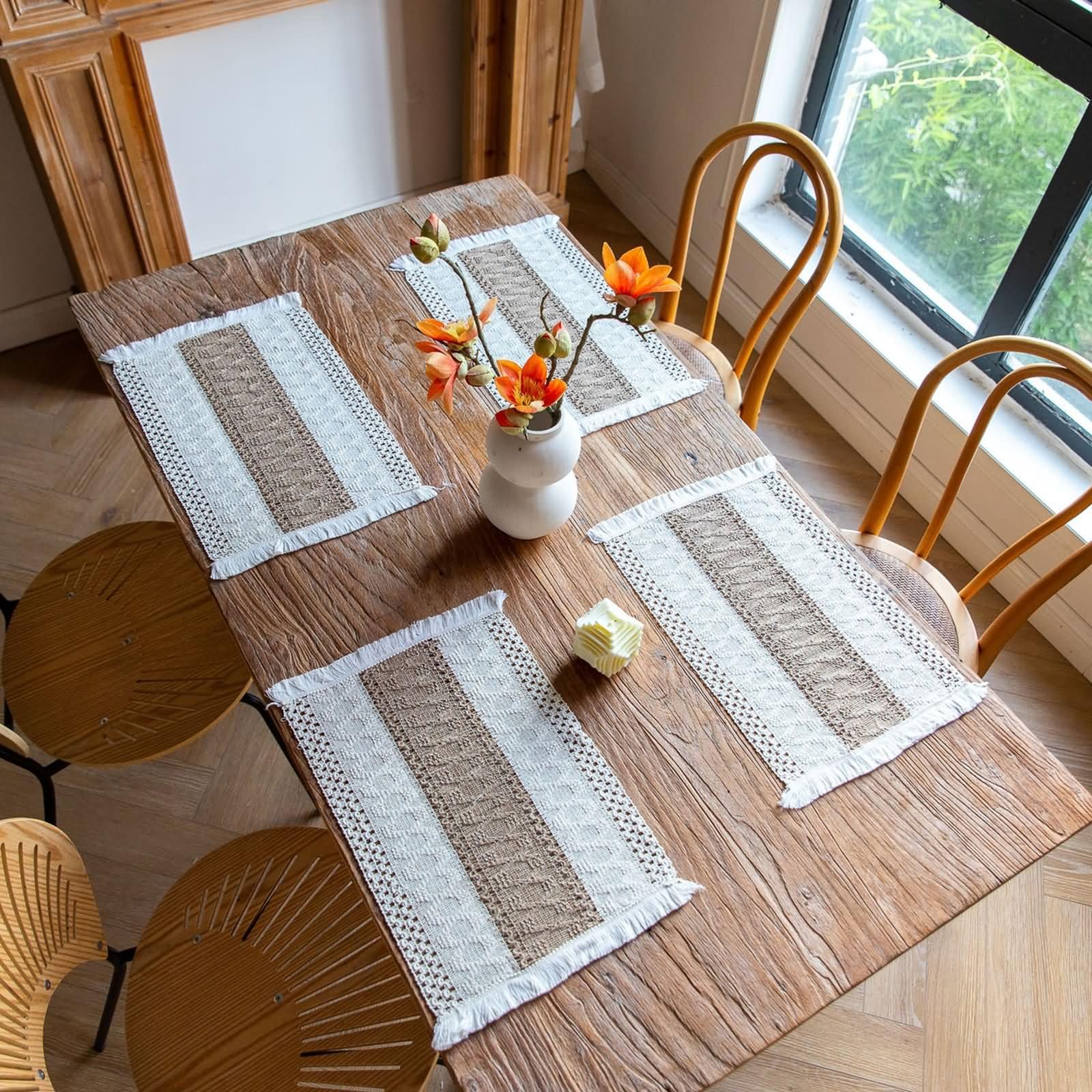6er Tischsets, 30 x 50 cm Beige Braun Platzset Abwaschbar Leinen Baumwolle Rechteck, Rechteck mit Raute Gewebt und Quasten