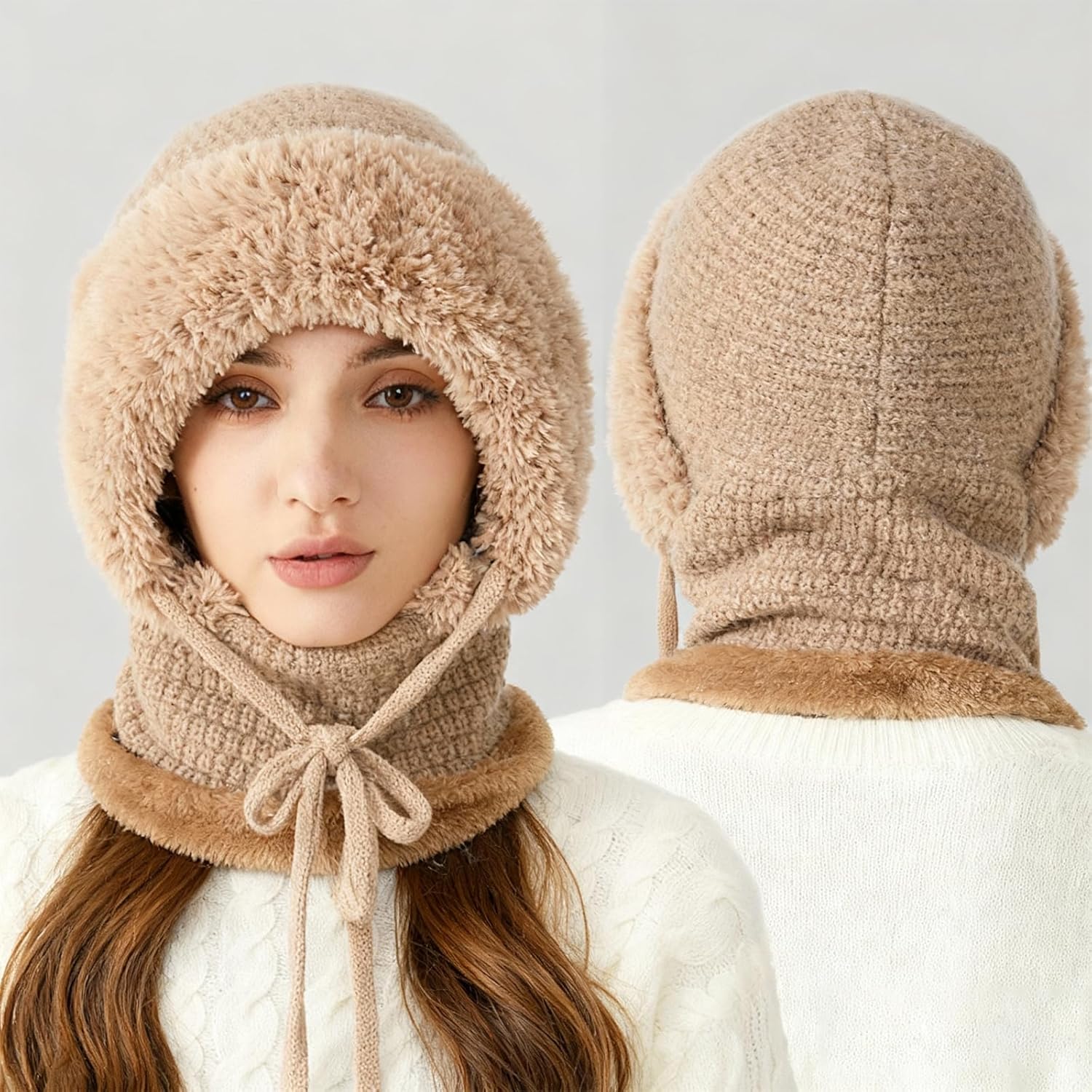 3 in 1 Beanie Hat with Scarf and Mask 3 in 1 Winter Hat for Women Balaclava Ski Mask - Image 6