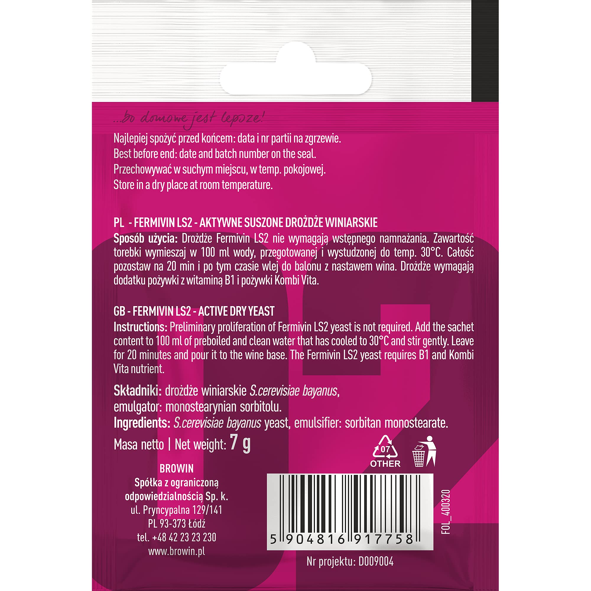 Browin 400320 FERMIVIN LS2 levadura Seca Activa Universal - para vinos Blancos, tintos, Rosados y espumosos con un Grado de Alcohol de hasta 16%, para 10-35 L de Lote, 7 g
