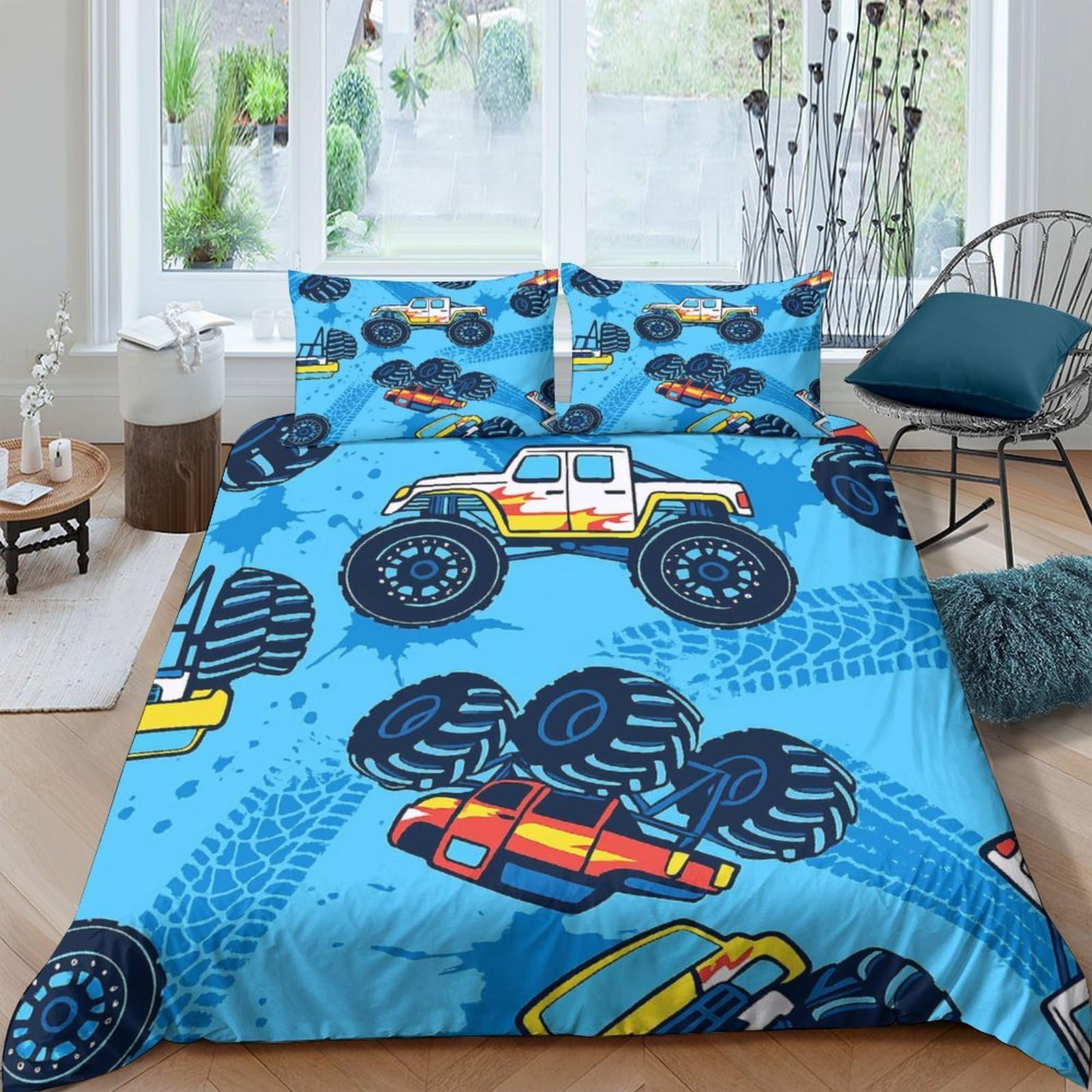 Ctjqhvkz Style-5 3D Printed Monster Truck Fitted Sheet Microfiber Blue Cartoon Car Bed Cover For Bedroom Guestroom Dorm Decor Single（135X200cm）