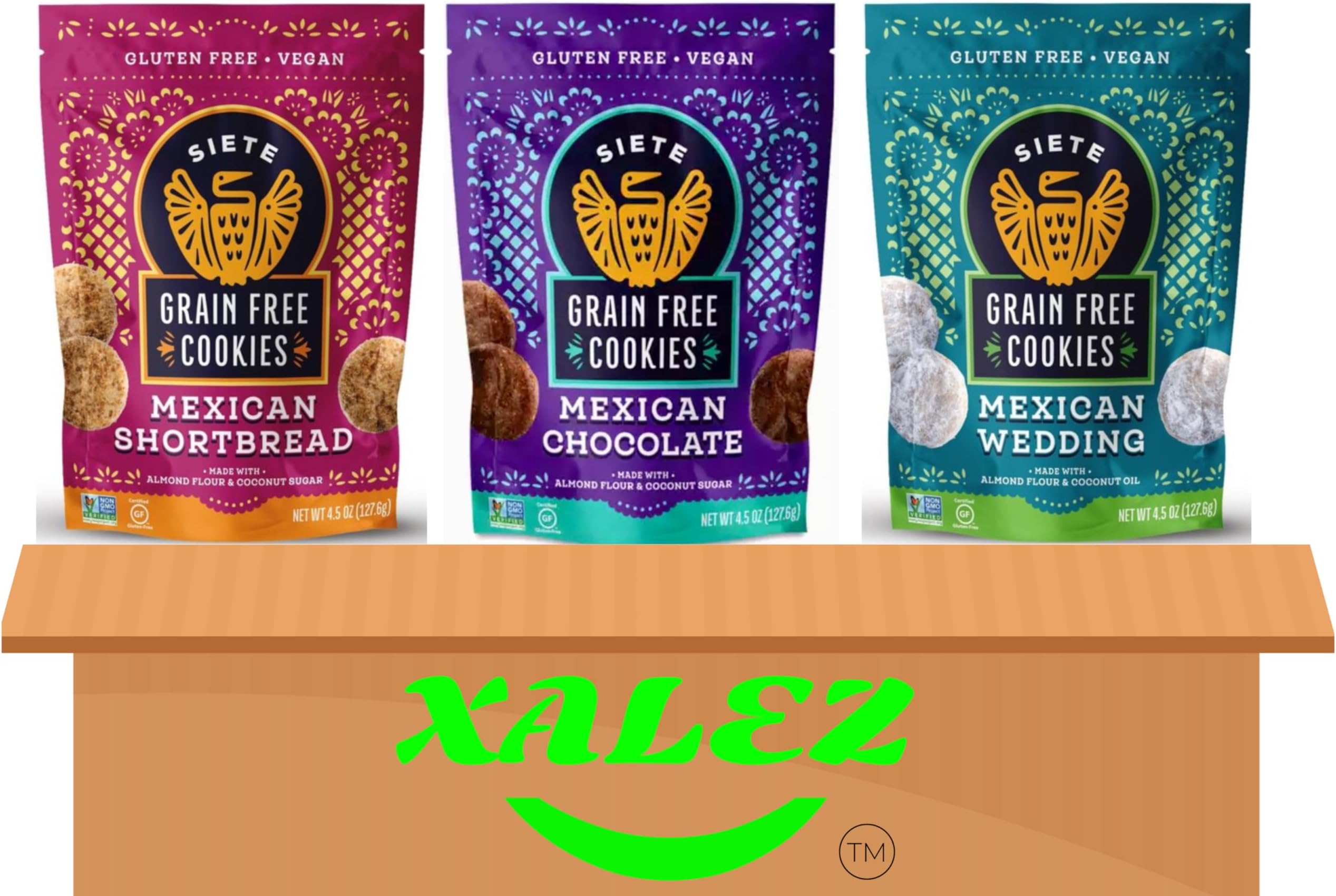 SIETE Grain Free Mexican Cookies 3 Flavor Variety - (1) Chocolate, (1) Shortbread, (1) Wedding (4.5 Ounces) + XALEZ TM Gift Box