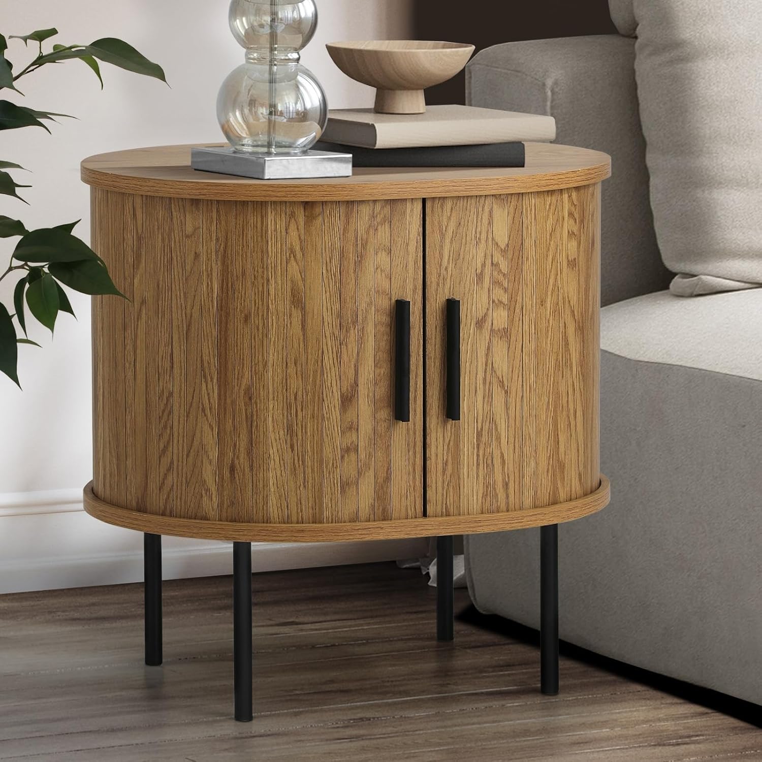 Oikiture Bedside Table with Sliding Doors and Metal Legs Wooden Retro